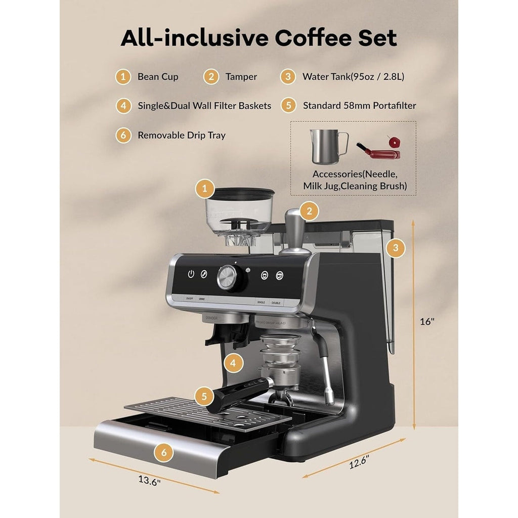 20 Bar Semi Automatic Espresso Machine With Grinder and Milk Frother Wand