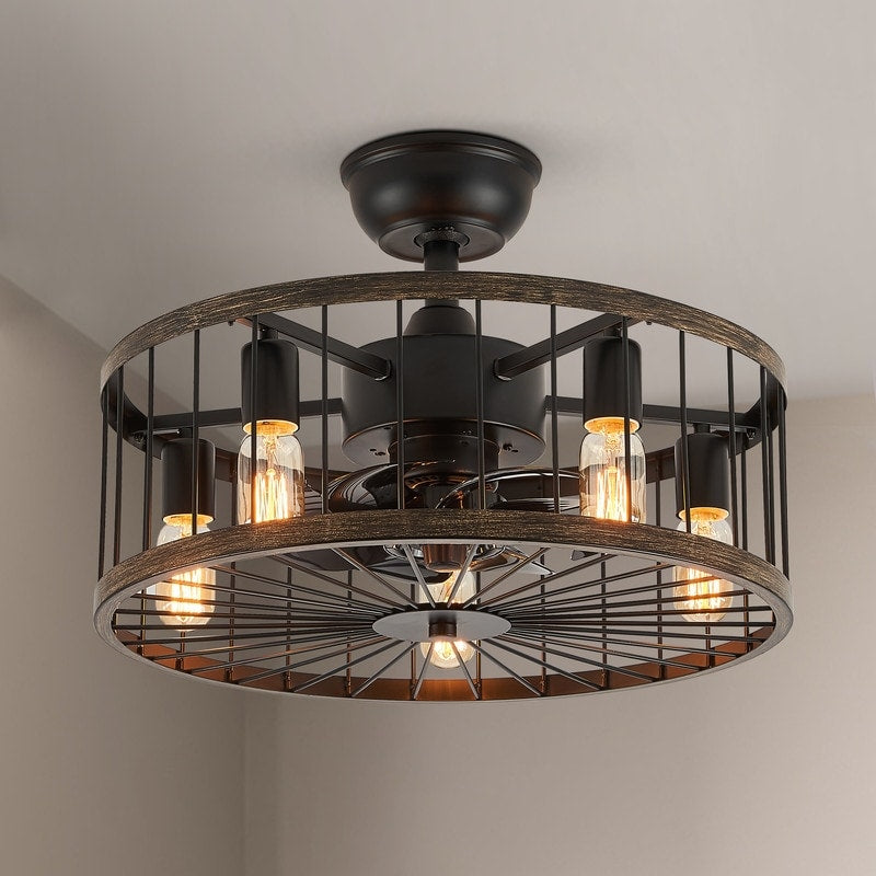 20 in. Low Profile Ceiling Fan Light Modern Farmhouse Wood Finish Caged Ceiling Fan with Light and Remote