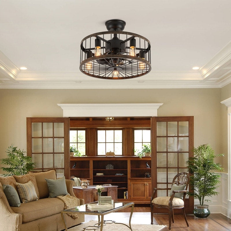 20 in. Low Profile Ceiling Fan Light Modern Farmhouse Wood Finish Caged Ceiling Fan with Light and Remote