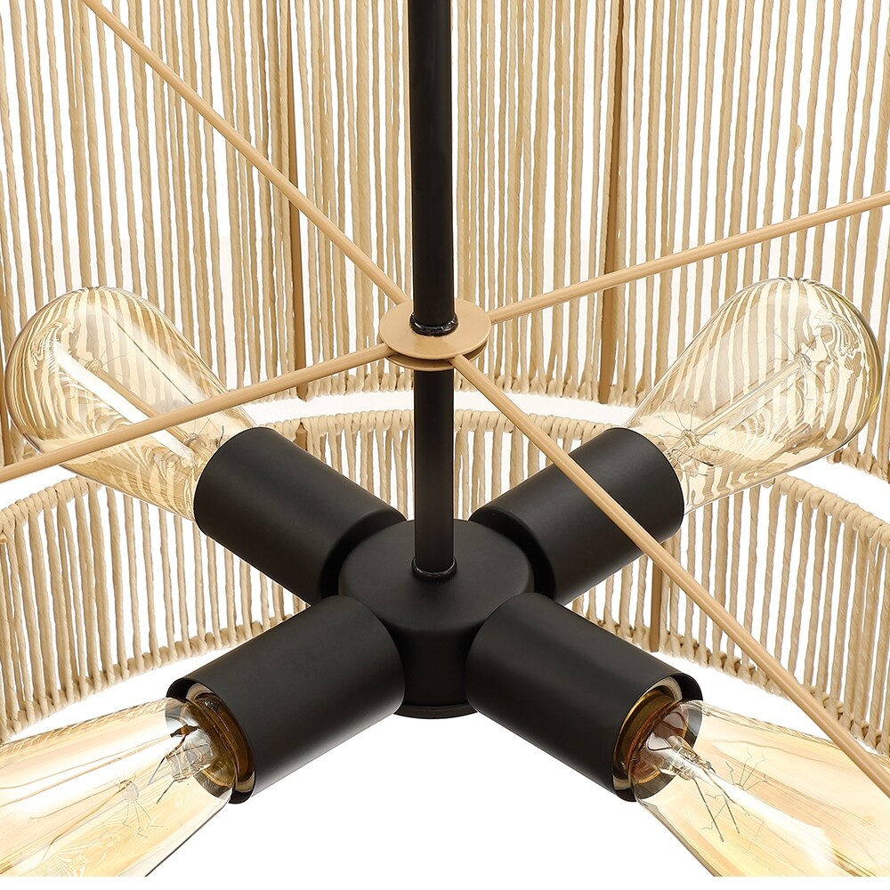 4-Light Rattan Tiered Drum Chandelier Light with Black Canopy - 22'' W
