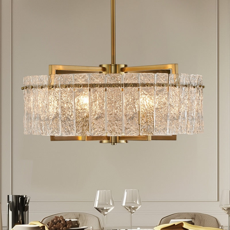 26 in. Gold Modern Drum Crystal Chandelier 6-Light Glam Dimmable Pendant Light Kitchen Island with Frosted Glass for Dining Room