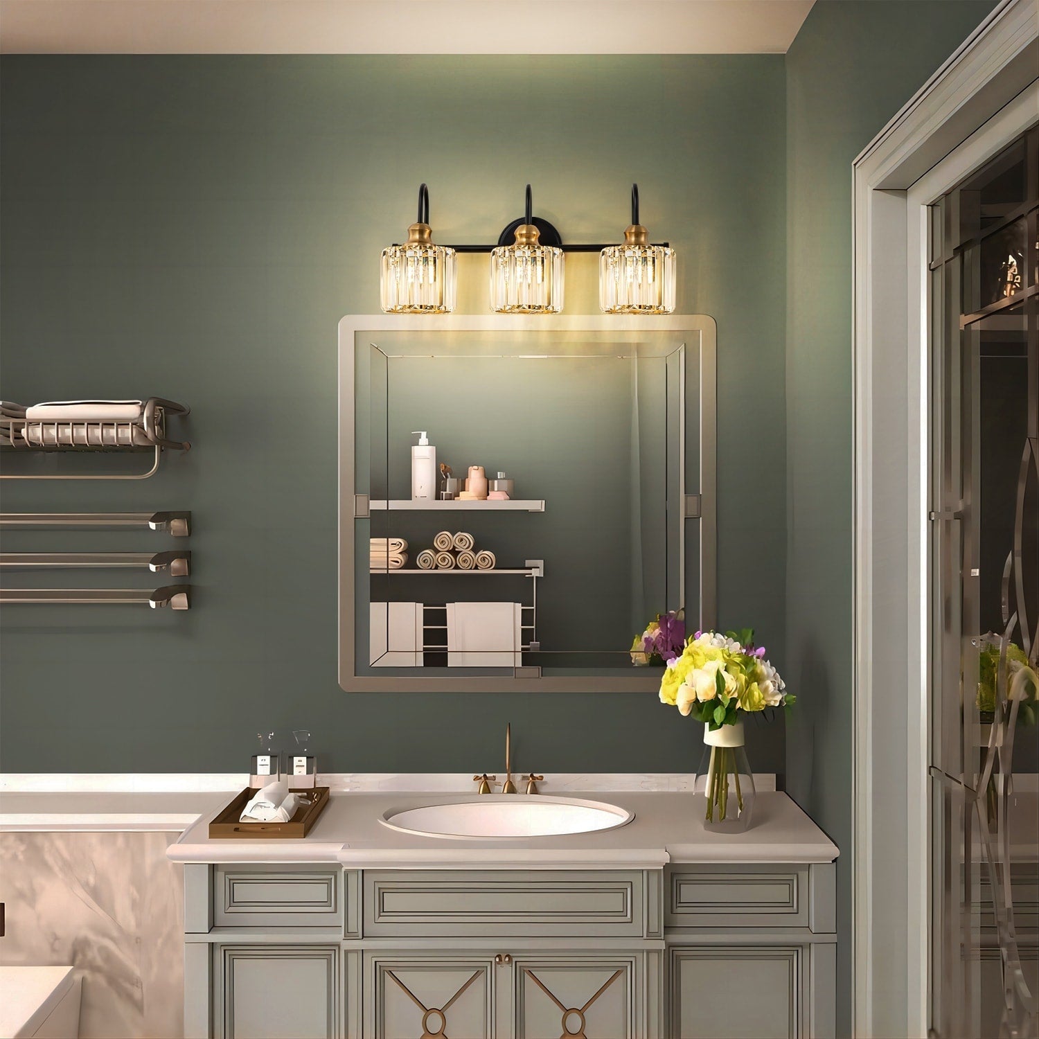 3/4-Light Modern Glam Linear Dimmable Crystal Bathroom Vanity Lights Over Mirror