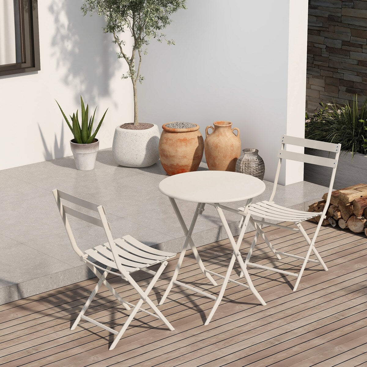3-Piece Minimalist Patio Bistro Set of Foldable Round Table & Chairs - 3-Piece-Patio-Bistro-Set