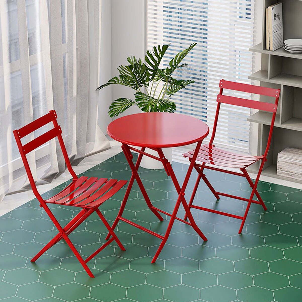 3-Piece Minimalist Patio Bistro Set of Foldable Round Table & Chairs - 3-Piece-Patio-Bistro-Set