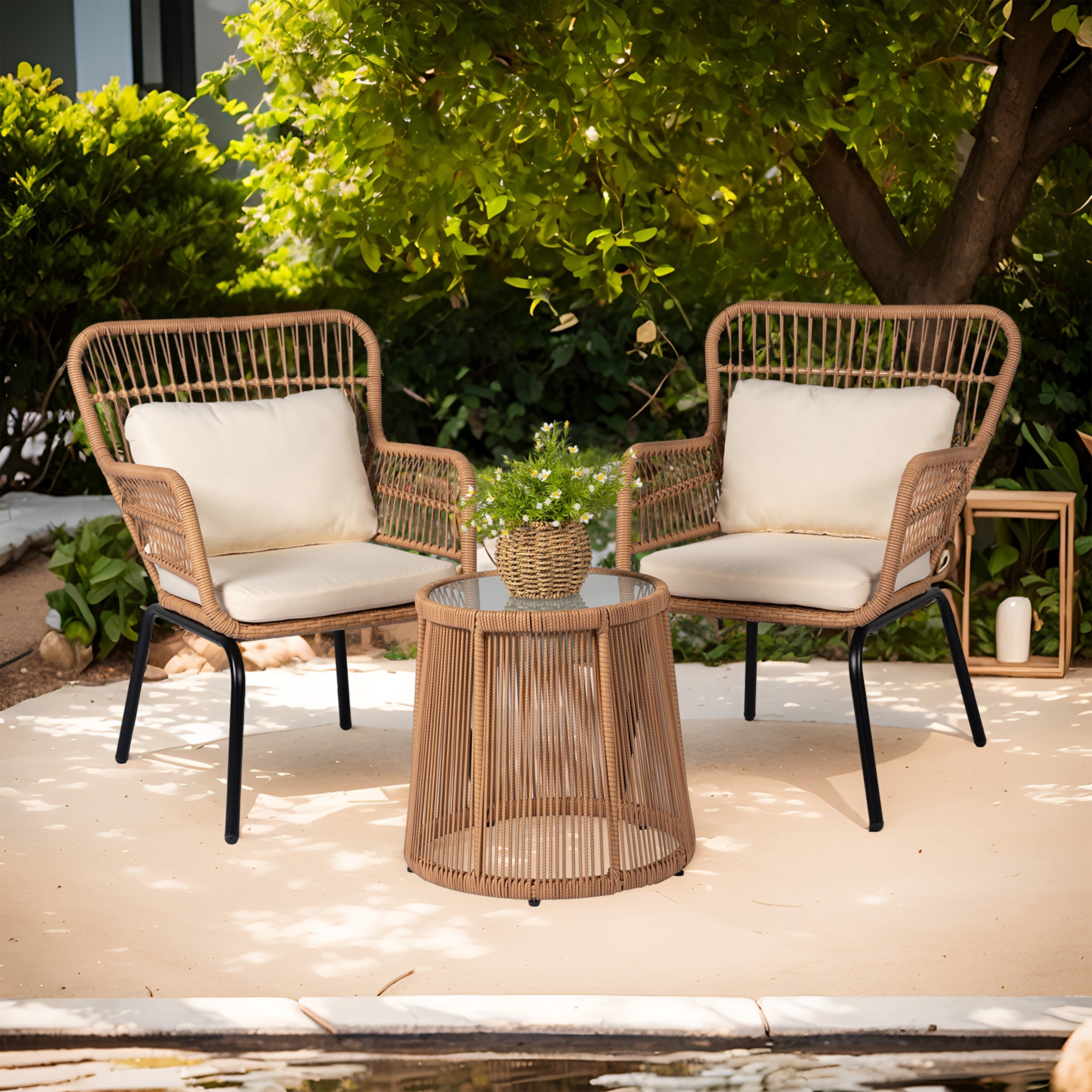 3 Piece Outdoor Wicker Conversation Bistro Set, All-Weather Rattan Furniture Patio Chairs Set with Cushions