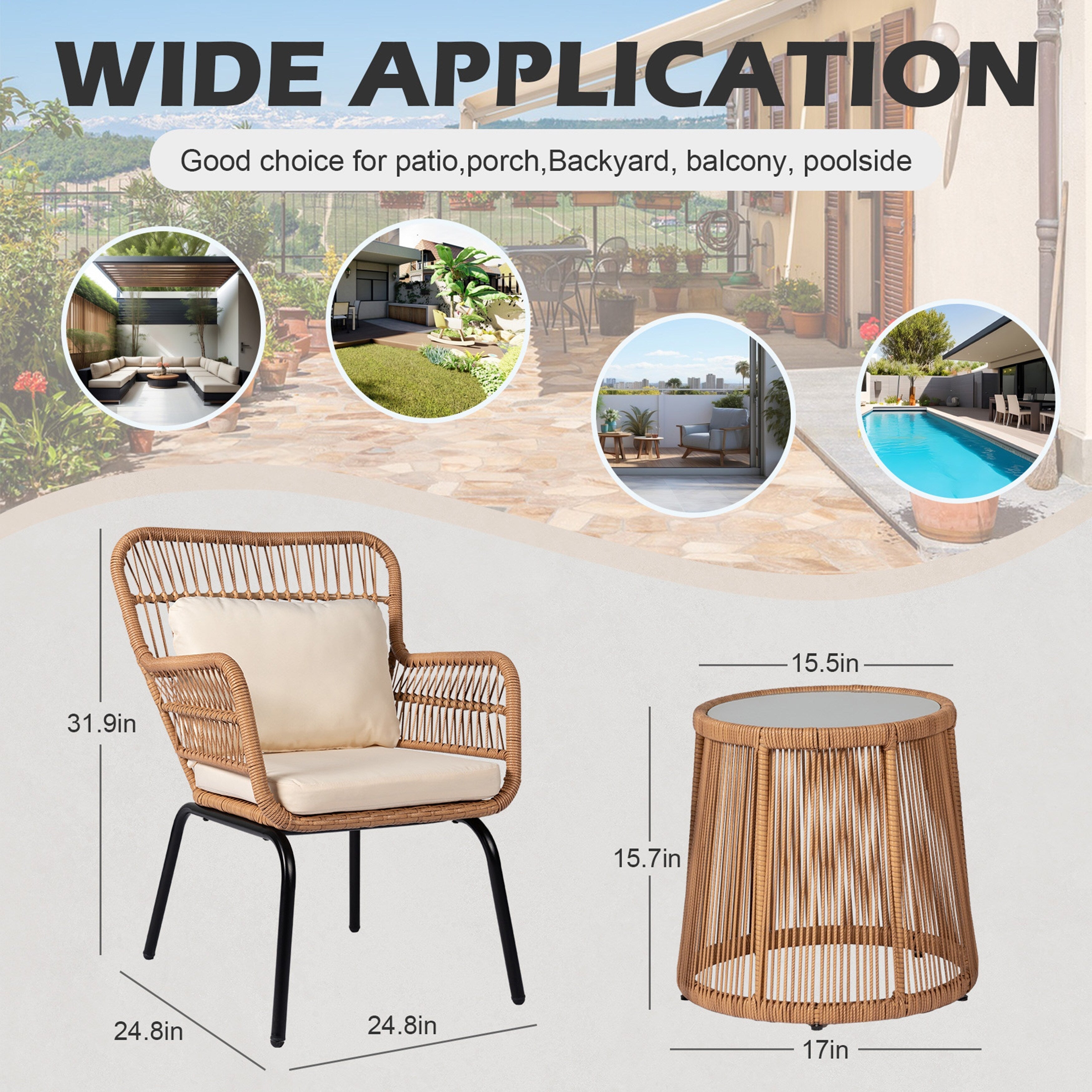 3 Piece Outdoor Wicker Conversation Bistro Set, All-Weather Rattan Furniture Patio Chairs Set with Cushions