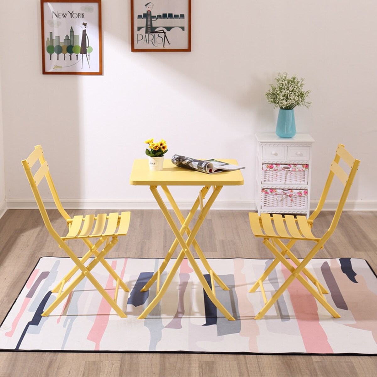3 Piece Patio Minimalist Bistro Set Foldable Square Table & Chairs - 3-Piece