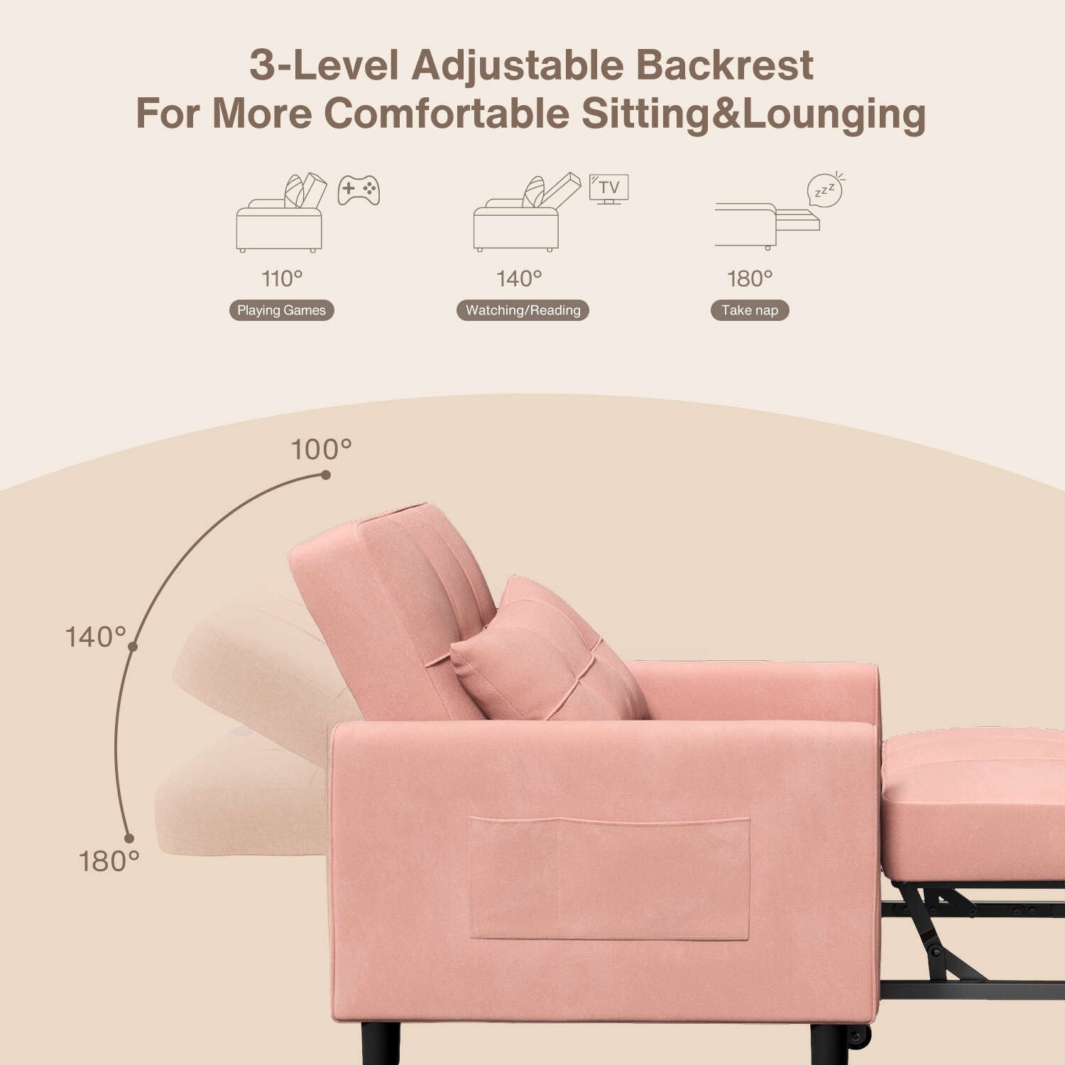 3-in-1 Adjustable Sleeper Sofa Bed, Pull Out Chair Sofa, Convertible Folding Bed for Living Room