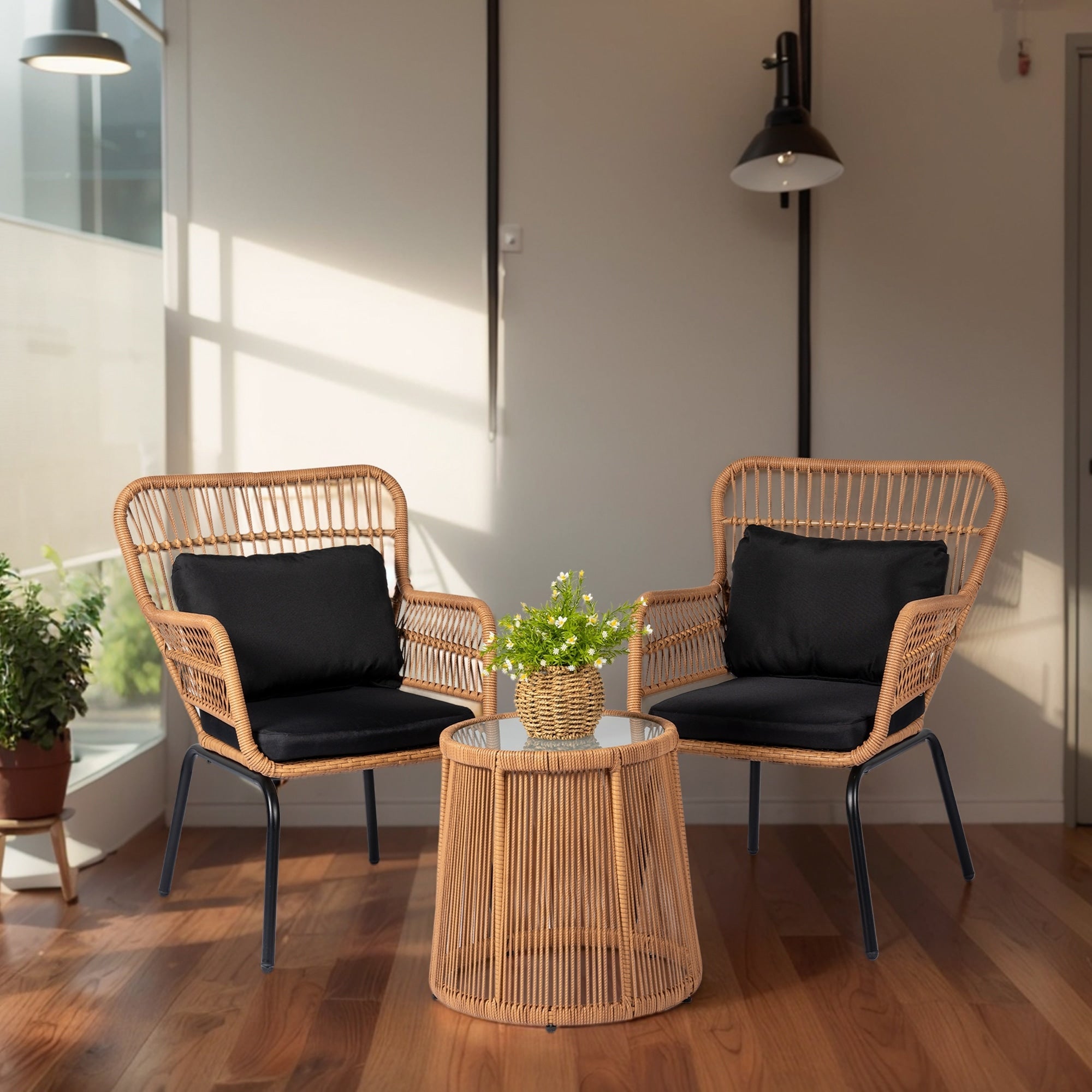 3 Piece Outdoor Wicker Conversation Bistro Set, All-Weather Rattan Furniture Patio Chairs Set with Cushions