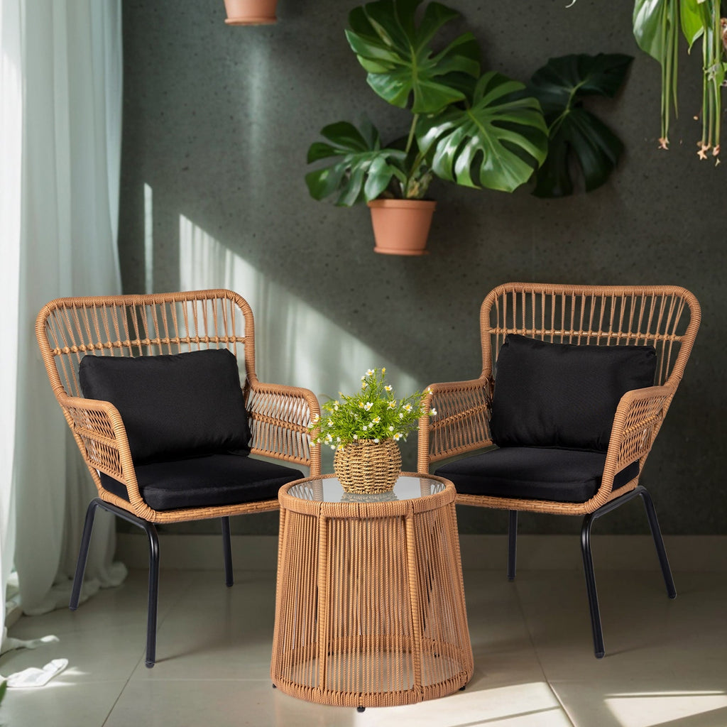 3 Piece Outdoor Wicker Conversation Bistro Set, All-Weather Rattan Furniture Patio Chairs Set with Cushions