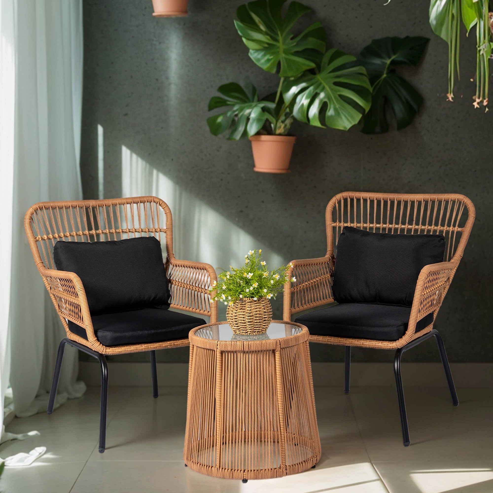 3 Piece Outdoor Wicker Conversation Bistro Set, All-Weather Rattan Furniture Patio Chairs Set with Cushions