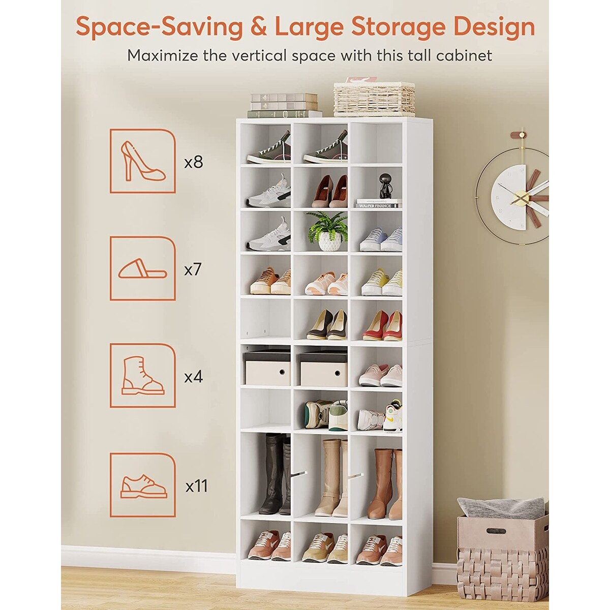 30 Pairs Tall Shoe Cabinet, 10 Tiers White Wooden Shoe Storage Rack for Closet, Entryway - 10-tier