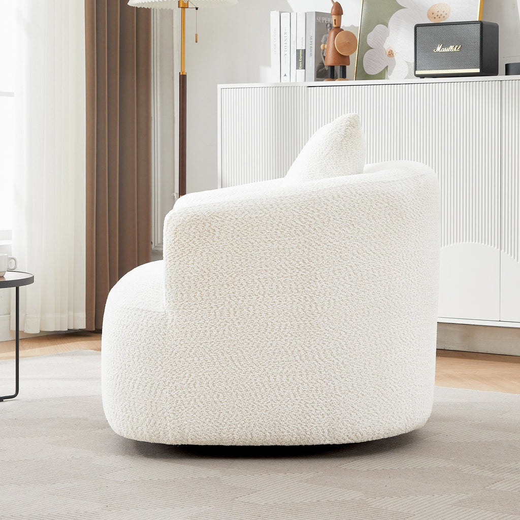 360° Swivel Chair, 38.2 Boucle Accent Chair with Throw Pillow, Upholstered Barrel Sofa Chair with Curved Armrests