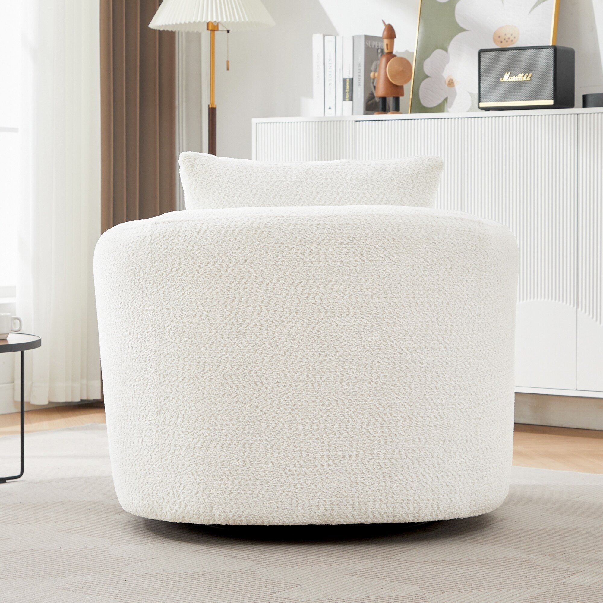 360° Swivel Chair, 38.2 Boucle Accent Chair with Throw Pillow, Upholstered Barrel Sofa Chair with Curved Armrests