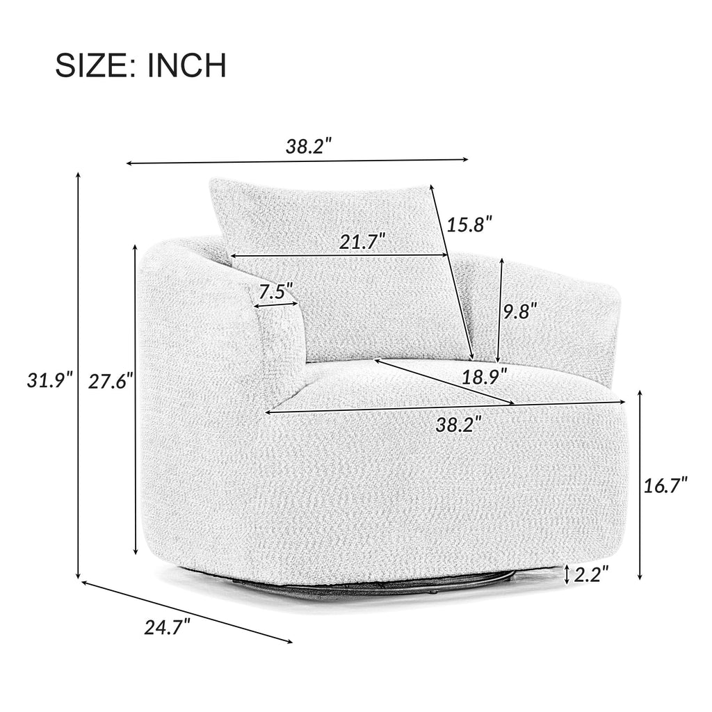 360° Swivel Chair, 38.2 Boucle Accent Chair with Throw Pillow, Upholstered Barrel Sofa Chair with Curved Armrests