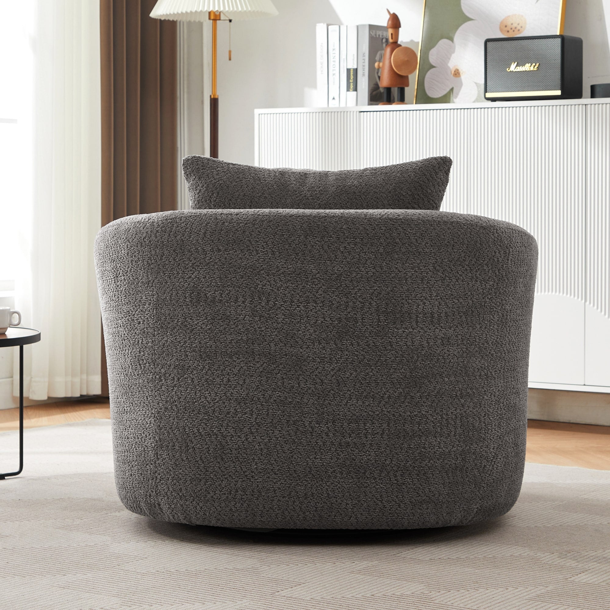 360° Swivel Chair, 38.2 Boucle Accent Chair with Throw Pillow, Upholstered Barrel Sofa Chair with Curved Armrests