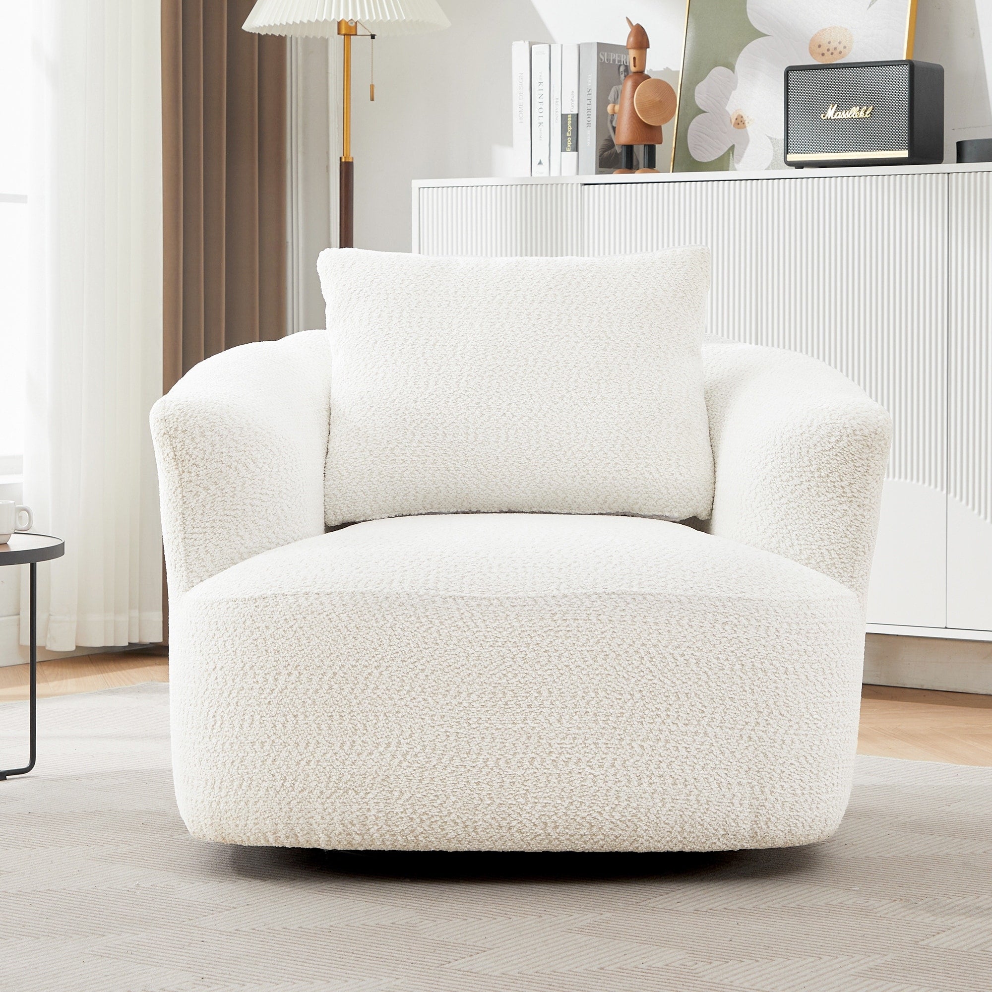 360° Swivel Chair, 38.2 Boucle Accent Chair with Throw Pillow, Upholstered Barrel Sofa Chair with Curved Armrests