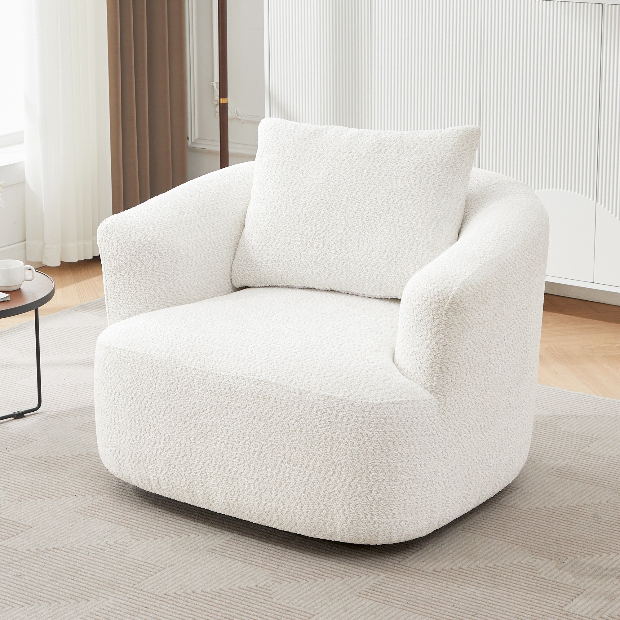 360° Swivel Chair, 38.2 Boucle Accent Chair with Throw Pillow, Upholstered Barrel Sofa Chair with Curved Armrests