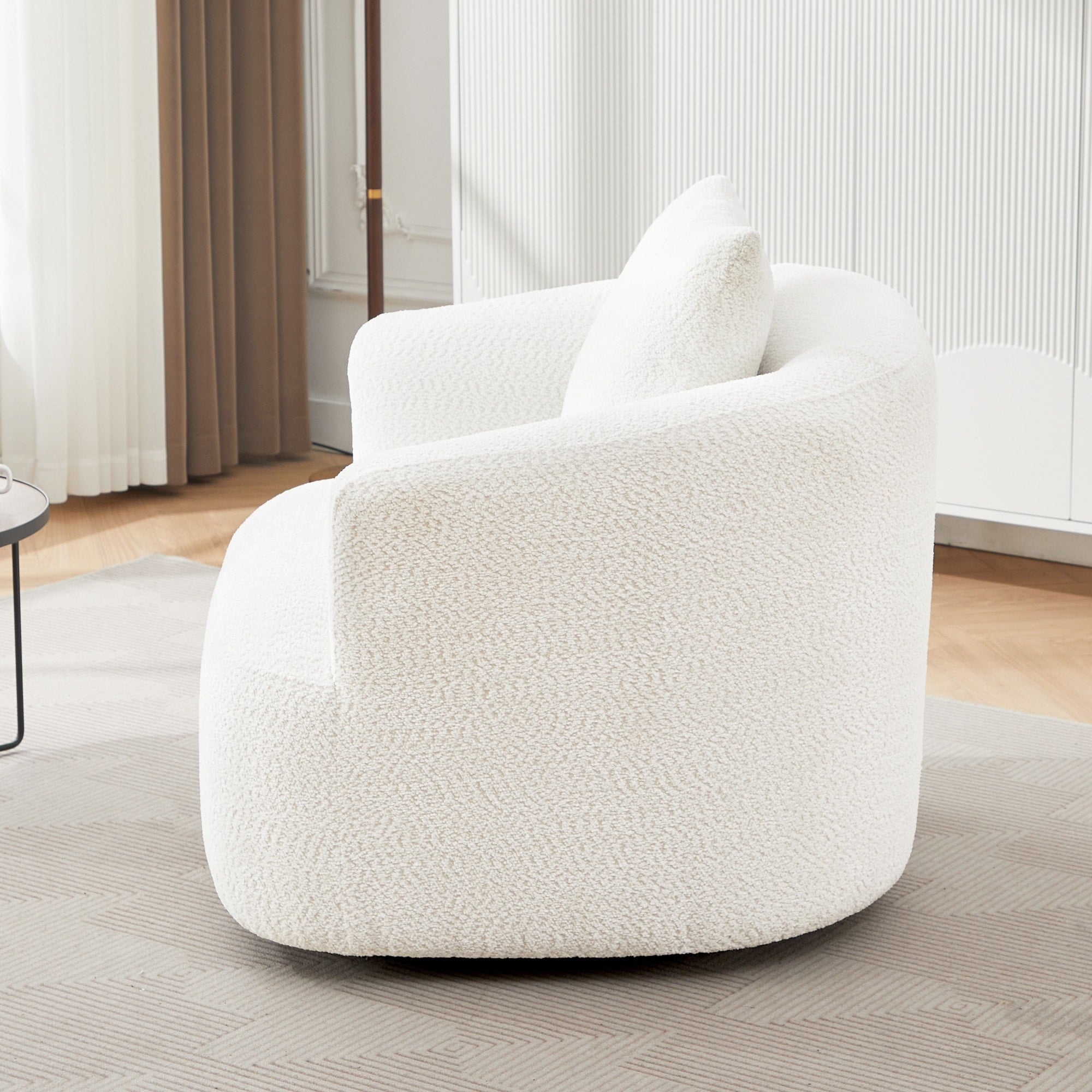 360° Swivel Chair, 38.2 Boucle Accent Chair with Throw Pillow, Upholstered Barrel Sofa Chair with Curved Armrests