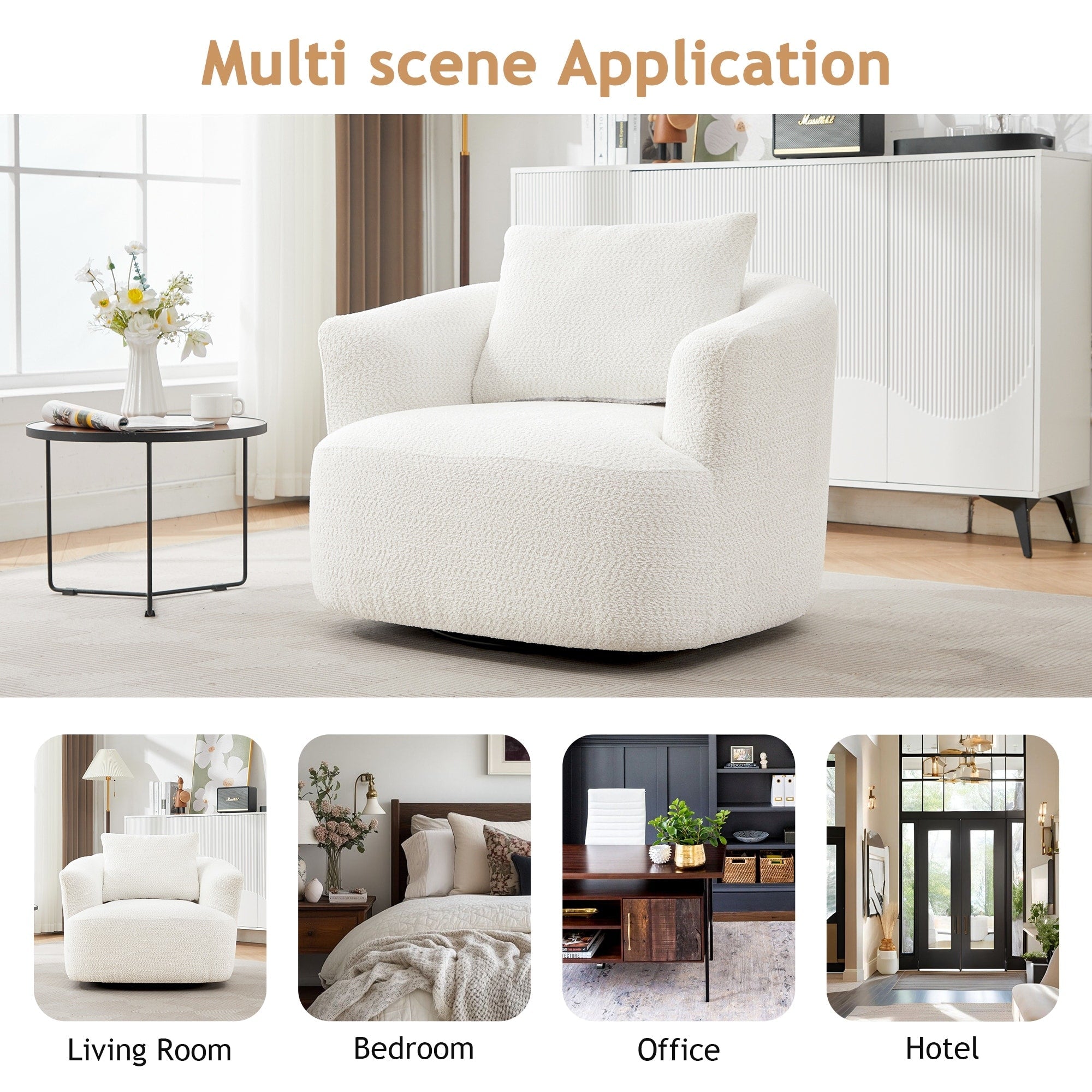 360° Swivel Chair, 38.2 Boucle Accent Chair with Throw Pillow, Upholstered Barrel Sofa Chair with Curved Armrests