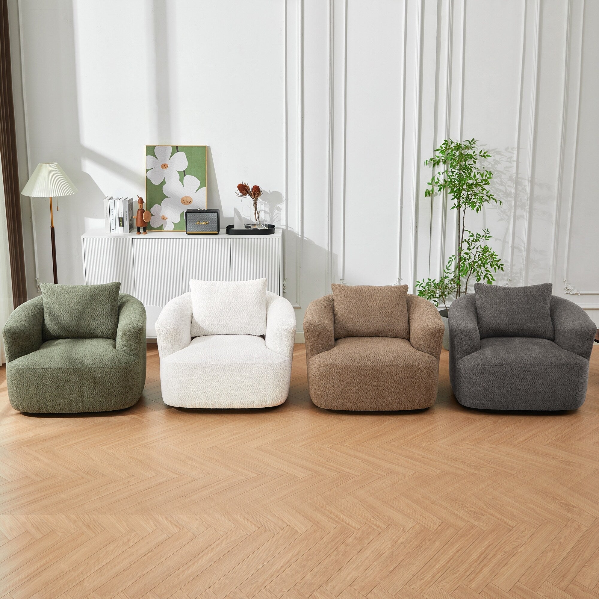 360° Swivel Chair, 38.2 Boucle Accent Chair with Throw Pillow, Upholstered Barrel Sofa Chair with Curved Armrests