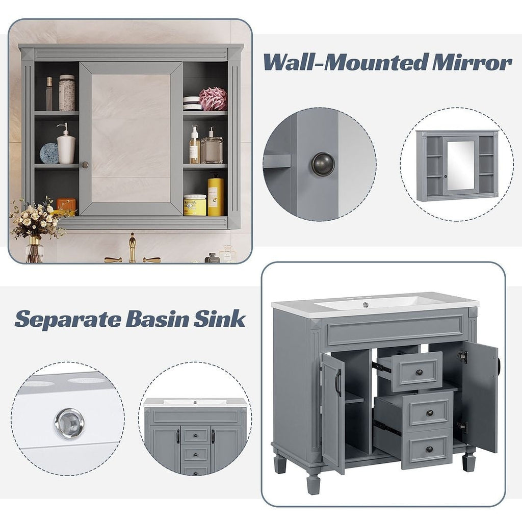 36'' Modern Bathroom Vanity with Top Sink and Mirror Cabinet,2 Doors and 2 Drawers