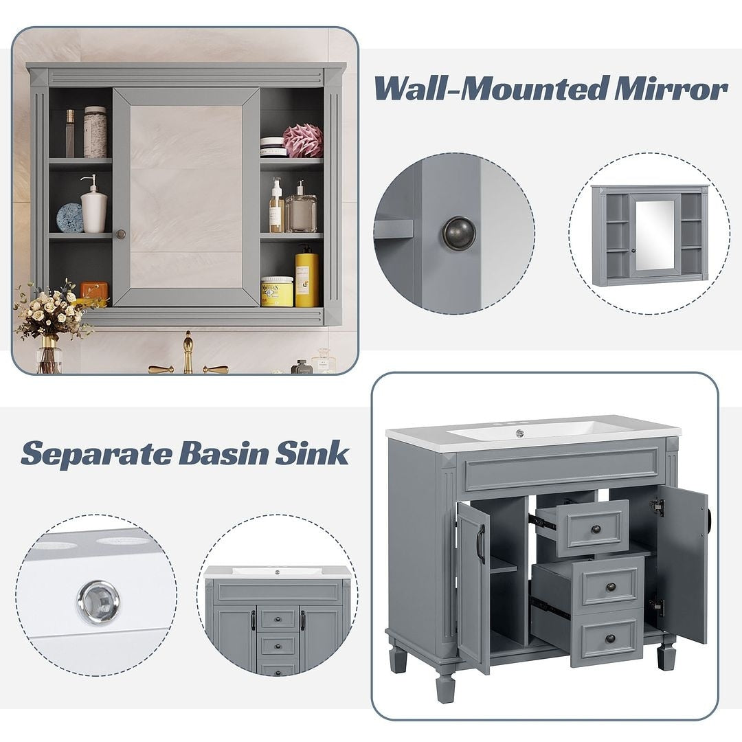 36'' Modern Bathroom Vanity with Top Sink and Mirror Cabinet,2 Doors and 2 Drawers