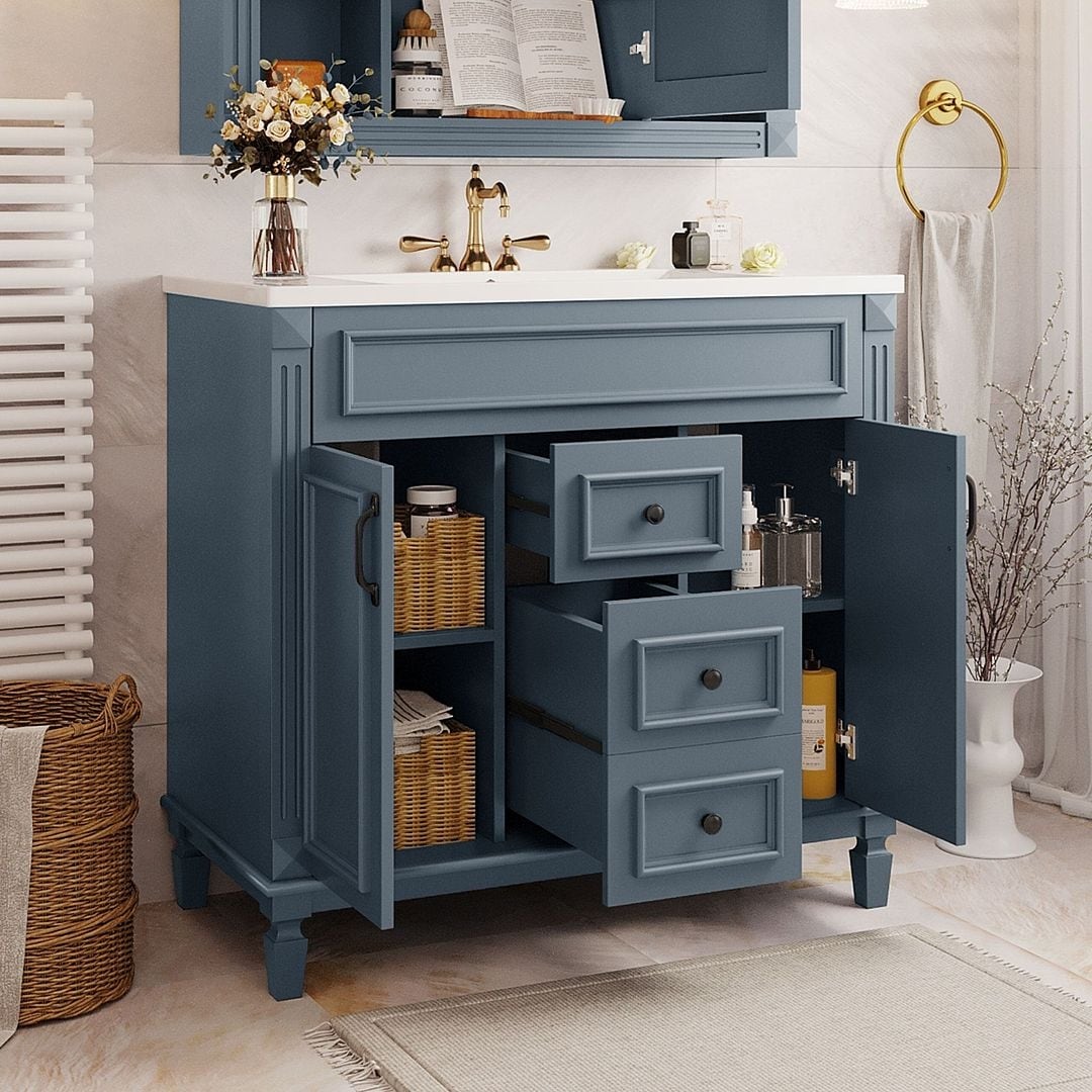 36'' Modern Bathroom Vanity with Top Sink and Mirror Cabinet,2 Doors and 2 Drawers