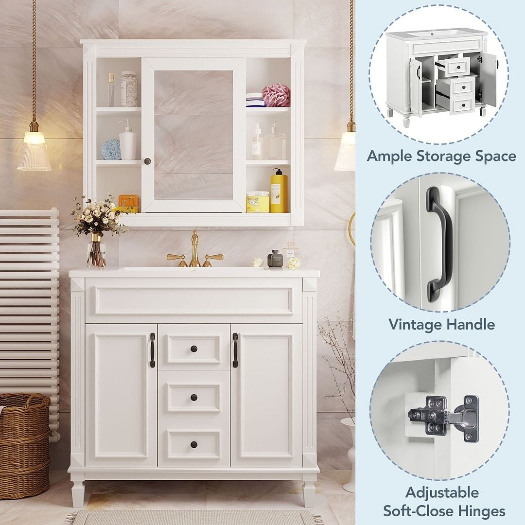 36'' Modern Bathroom Vanity with Top Sink and Mirror Cabinet,2 Doors and 2 Drawers