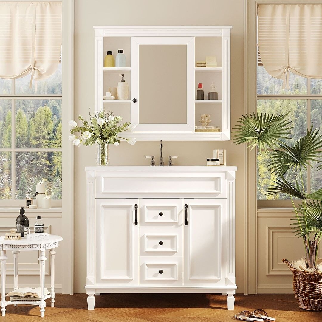 36'' Modern Bathroom Vanity with Top Sink and Mirror Cabinet,2 Doors and 2 Drawers