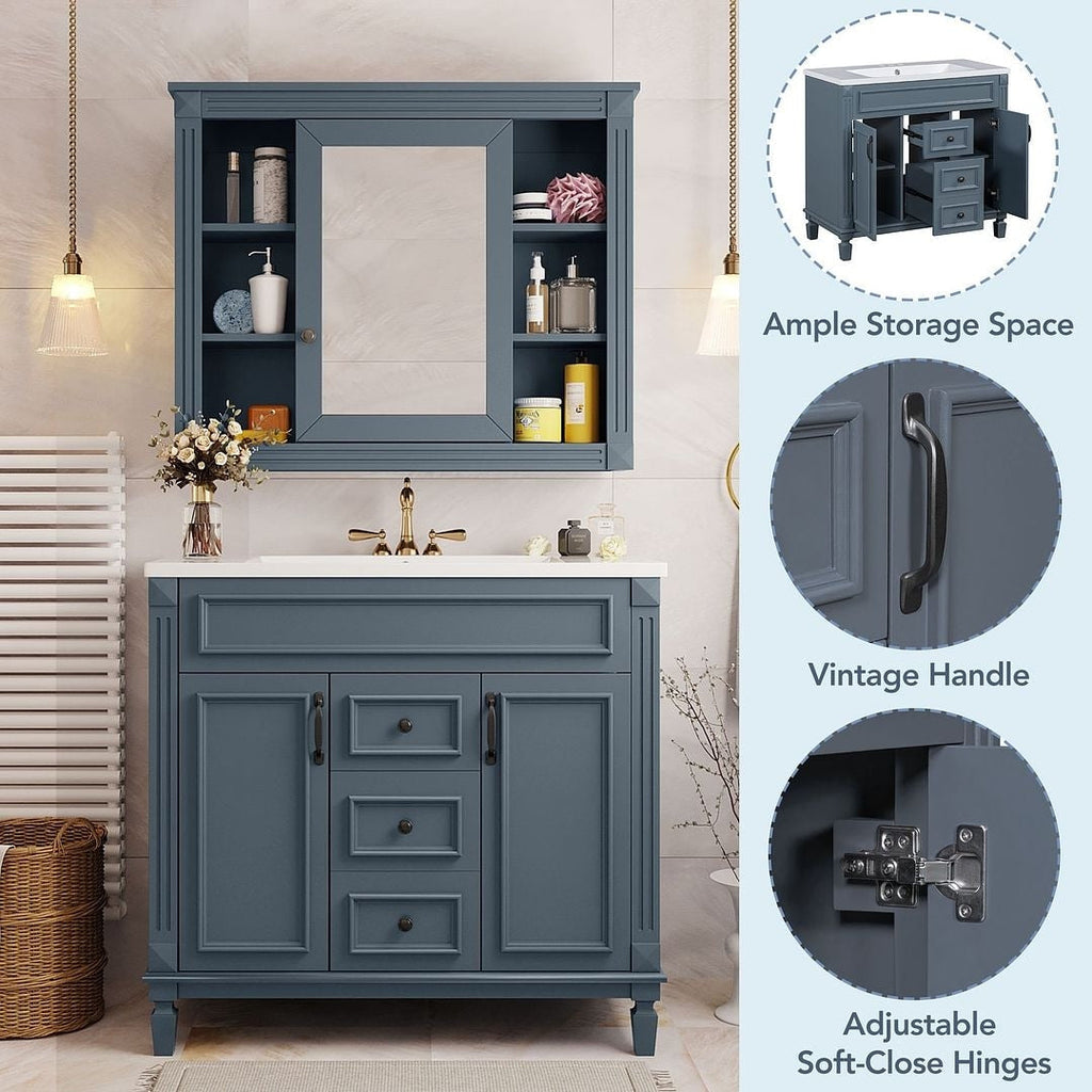 36'' Modern Bathroom Vanity with Top Sink and Mirror Cabinet,2 Doors and 2 Drawers