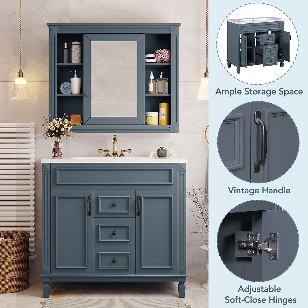 36'' Modern Bathroom Vanity with Top Sink and Mirror Cabinet,2 Doors and 2 Drawers