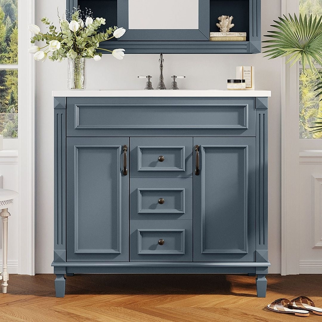 36'' Modern Bathroom Vanity with Top Sink and Mirror Cabinet,2 Doors and 2 Drawers