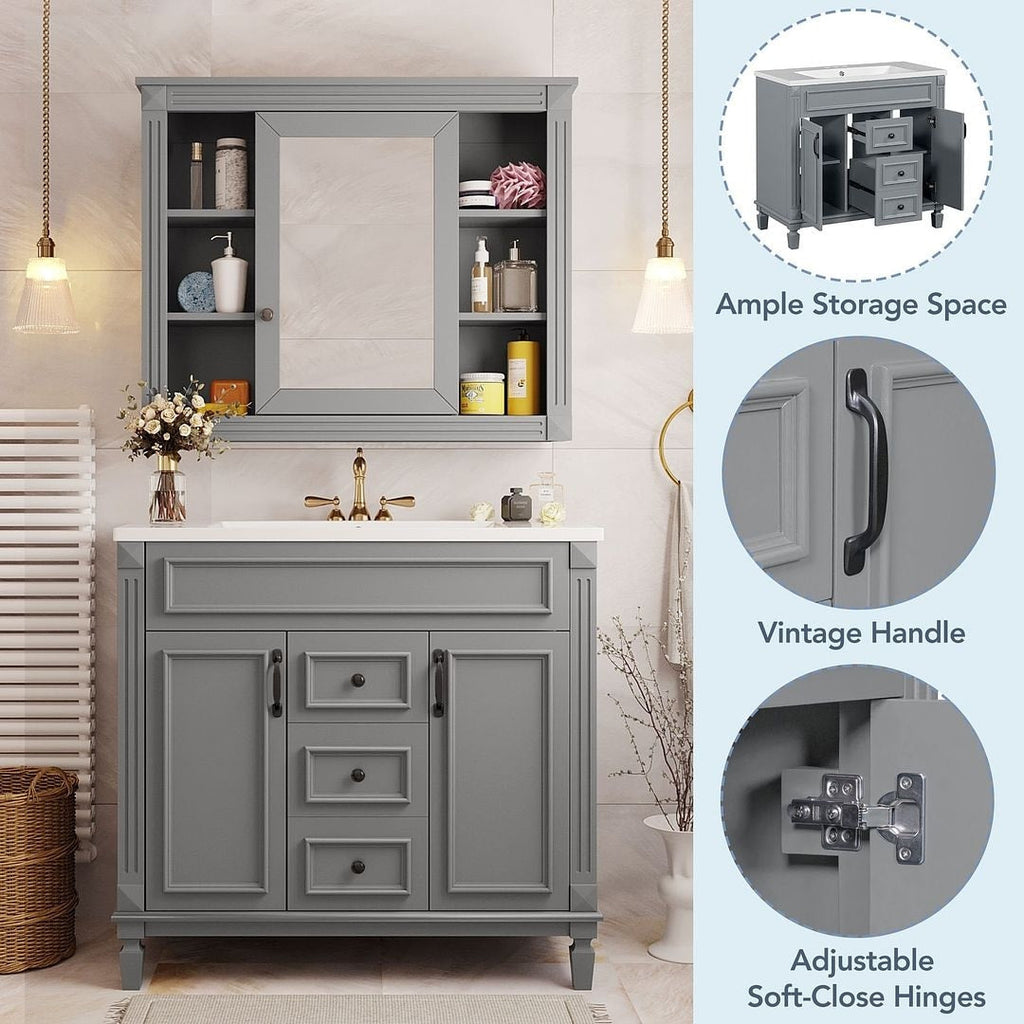 36'' Modern Bathroom Vanity with Top Sink and Mirror Cabinet,2 Doors and 2 Drawers
