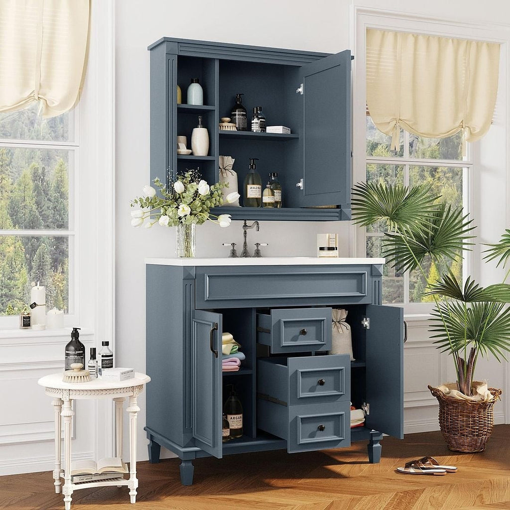 36'' Modern Bathroom Vanity with Top Sink and Mirror Cabinet,2 Doors and 2 Drawers