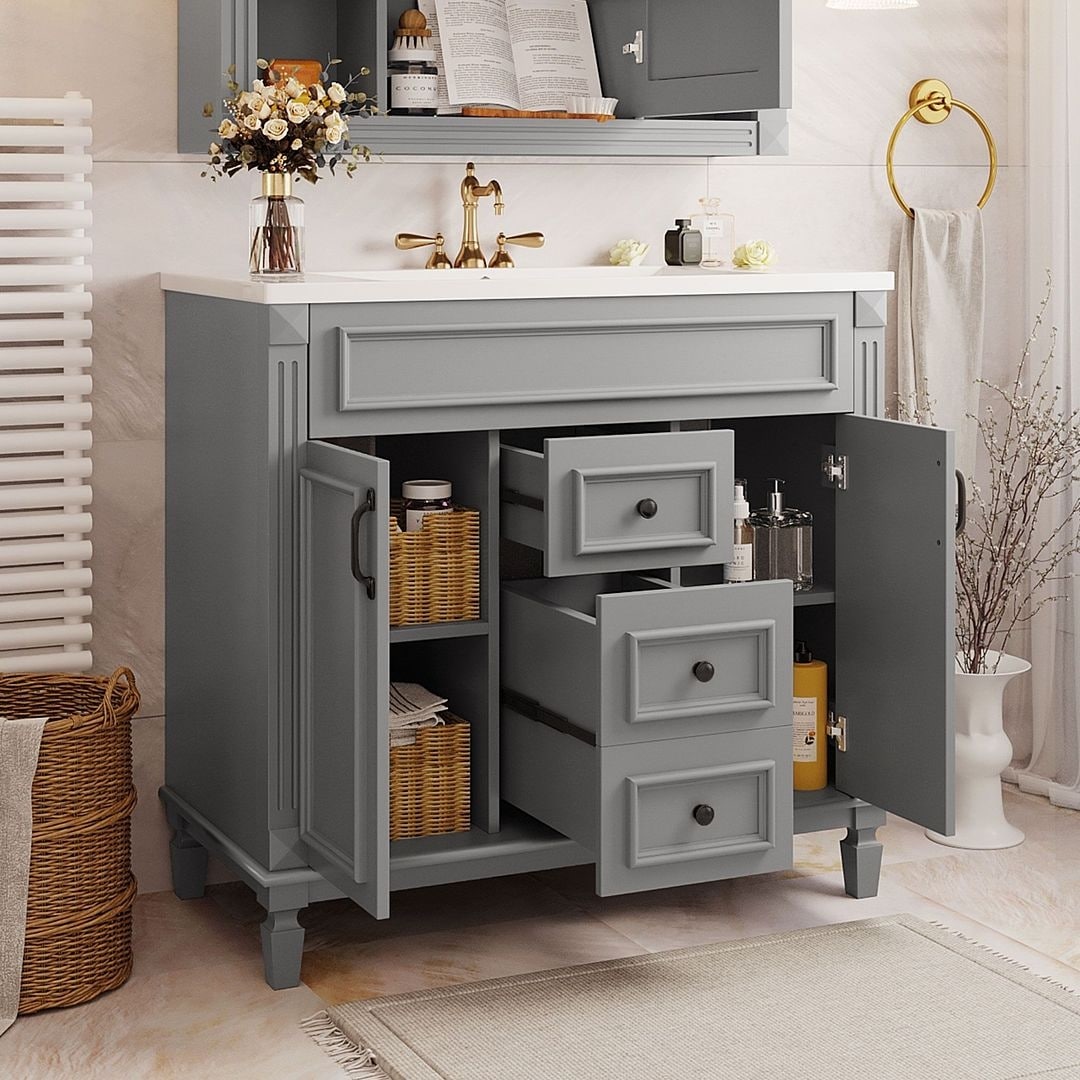 36'' Modern Bathroom Vanity with Top Sink and Mirror Cabinet,2 Doors and 2 Drawers