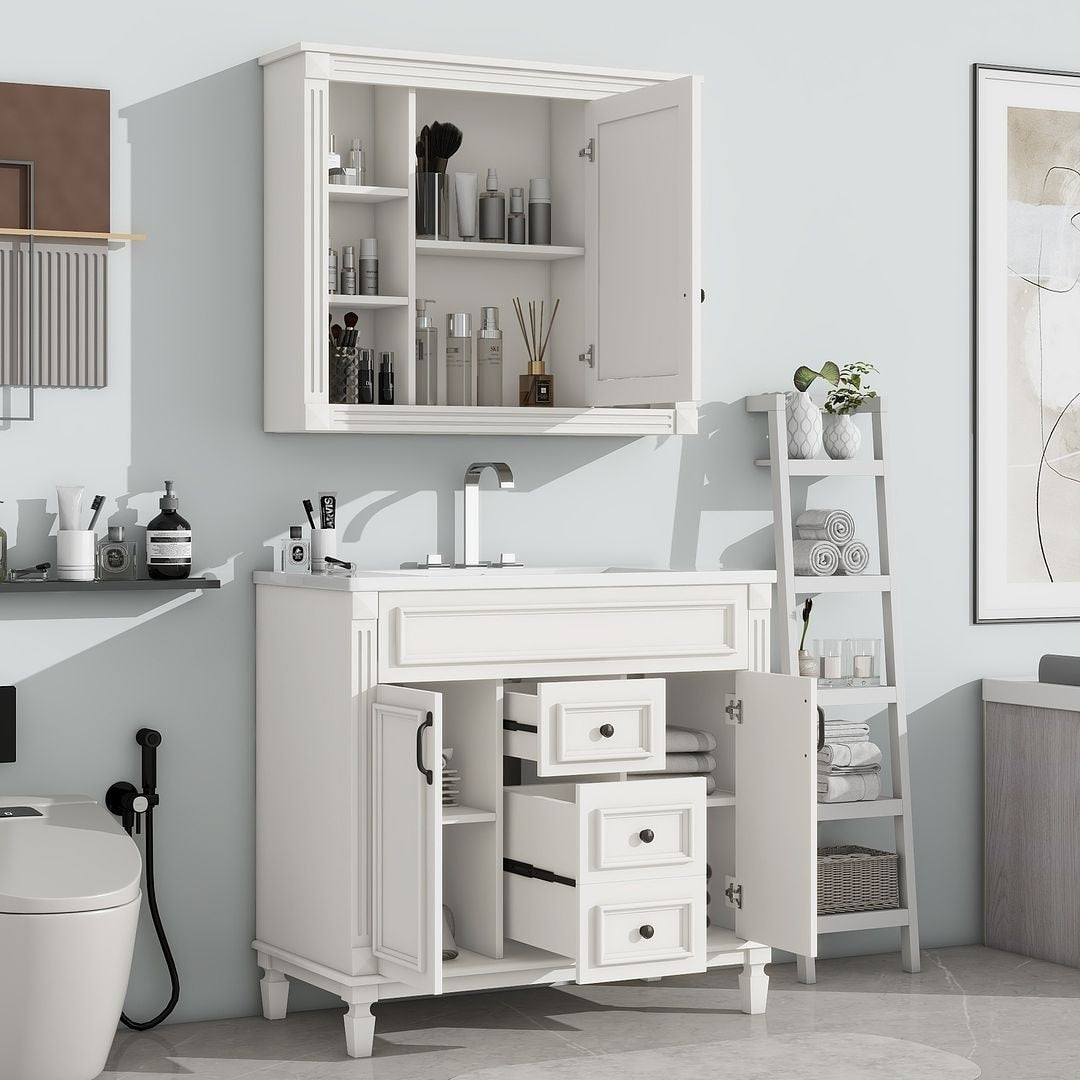36'' Modern Bathroom Vanity with Top Sink and Mirror Cabinet,2 Doors and 2 Drawers