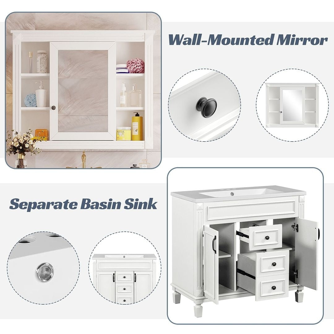 36'' Modern Bathroom Vanity with Top Sink and Mirror Cabinet,2 Doors and 2 Drawers