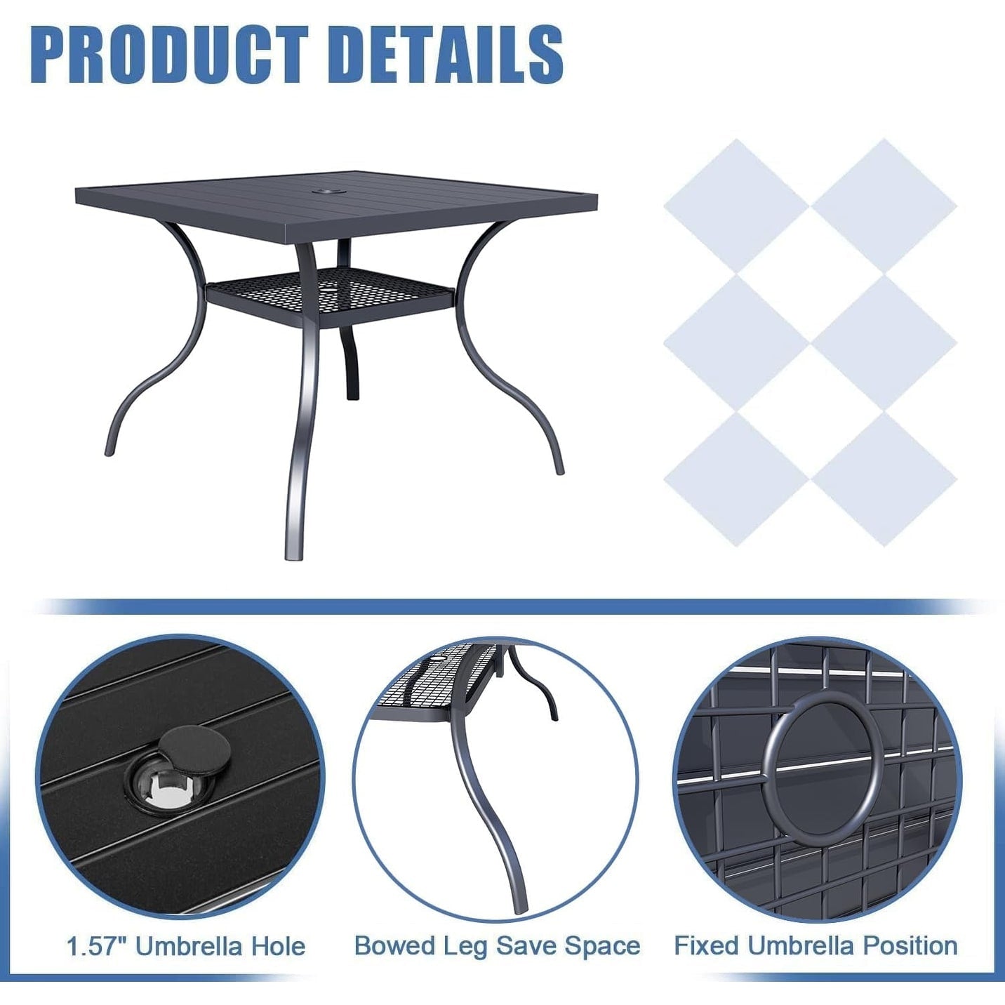 60 x 37 Outdoor Patio Rectangular Metal Slatted Dining Table with Umbrella Hole for 6 Person