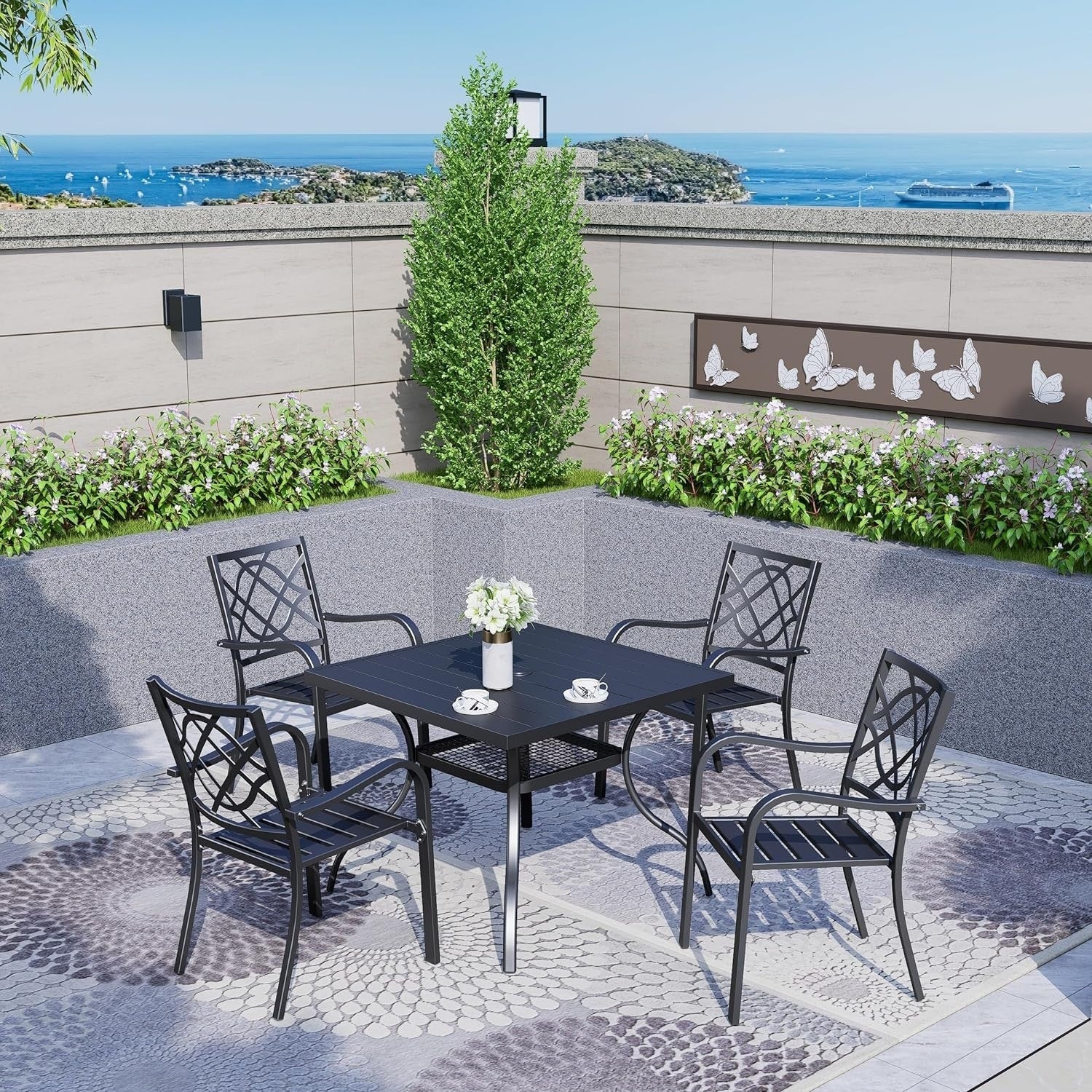60 x 37 Outdoor Patio Rectangular Metal Slatted Dining Table with Umbrella Hole for 6 Person