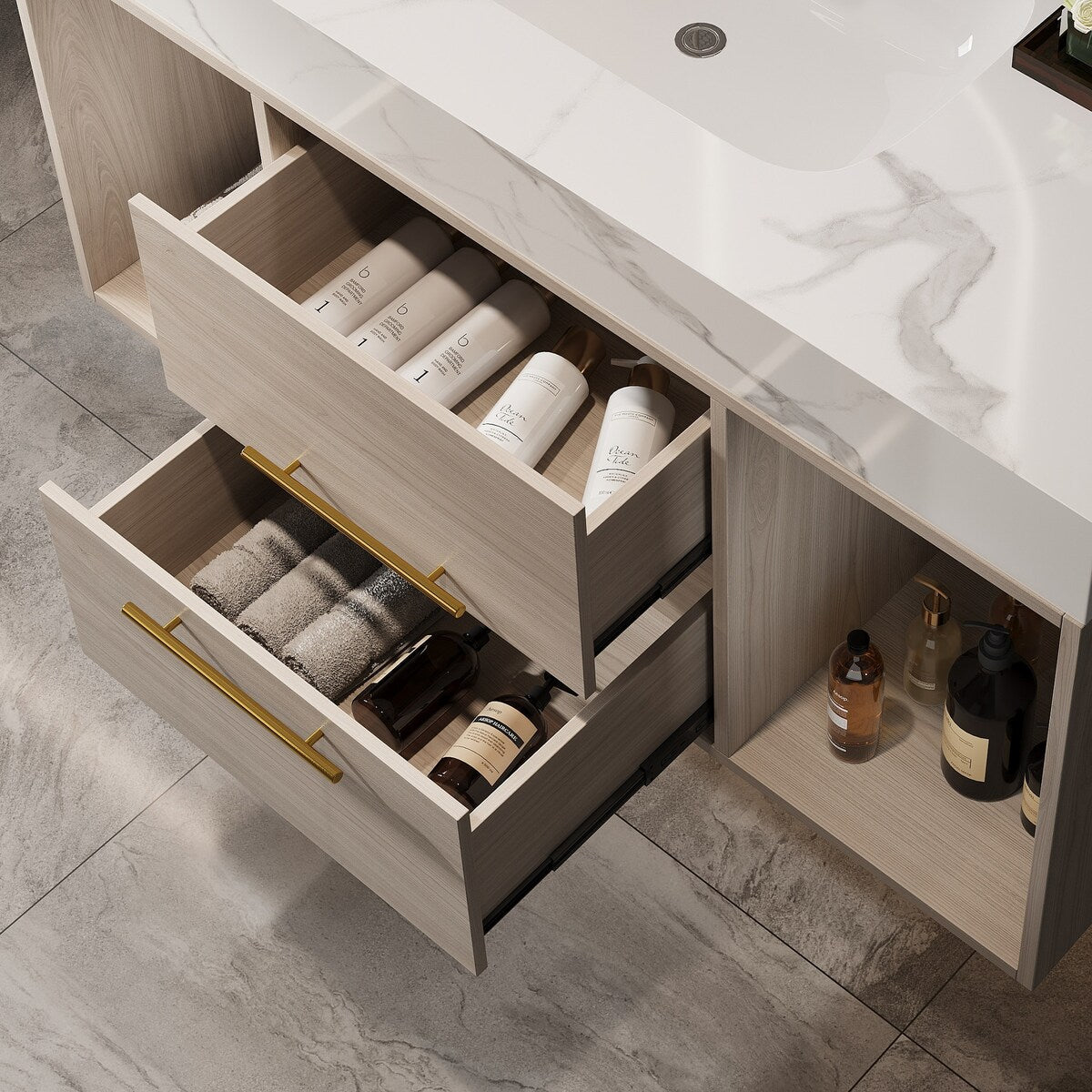 39.4 '' Floating Bathroom Vanity with Ceramic sink,Wall Hung Vanity 2 Soft Close Drawer and white slate top - 39'4 x 18'9