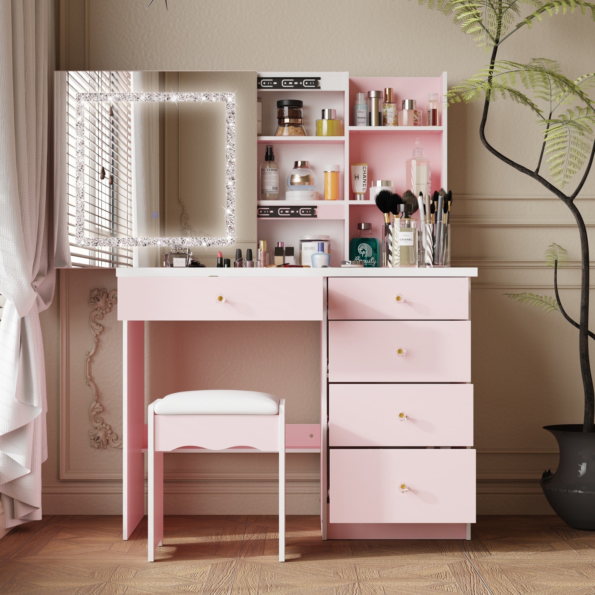 39.4'' Wide Makeup Vanity Set with Stool and Mirror