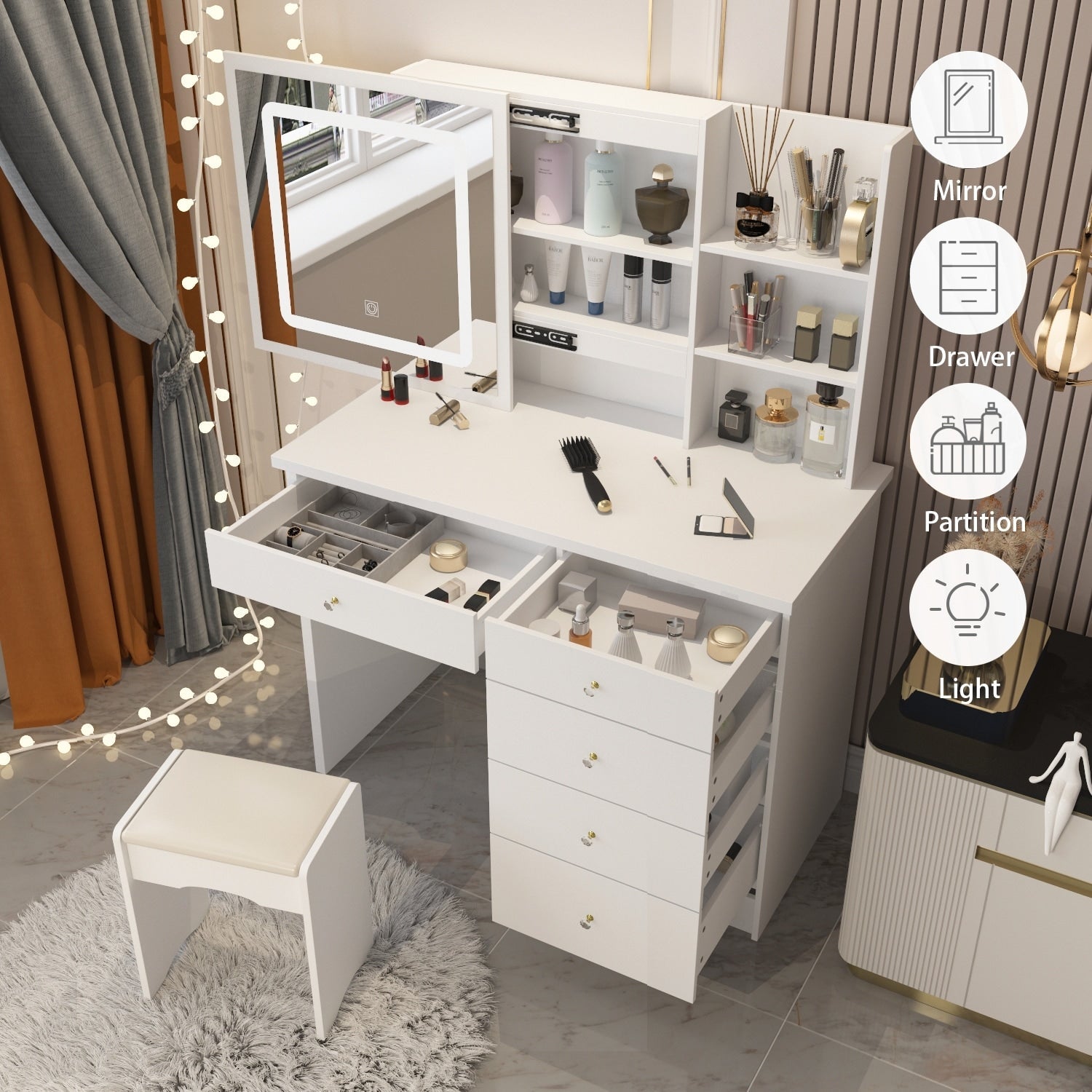 39.4'' Wide Makeup Vanity Set with Stool and Mirror