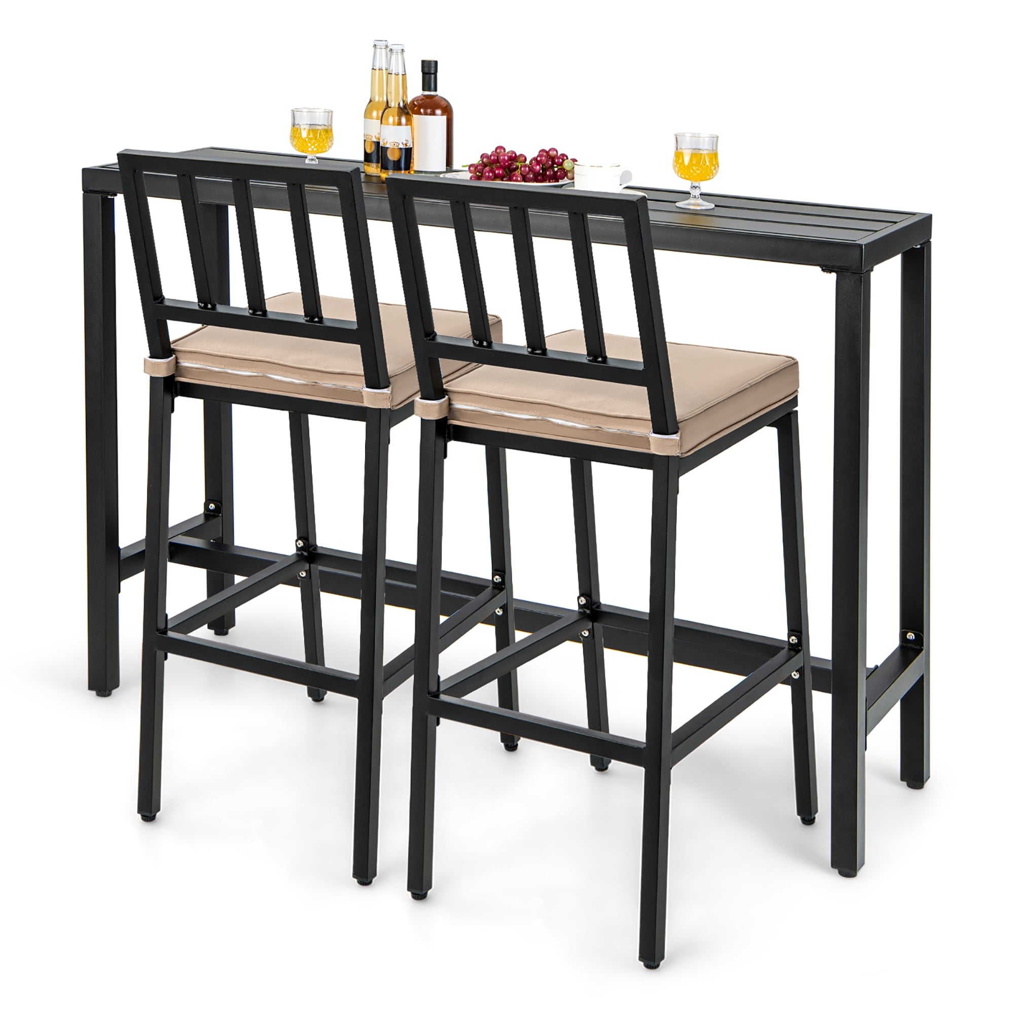 3PCS Patio Dining Table Set Metal Bar Table & Chairs Set with Cushion