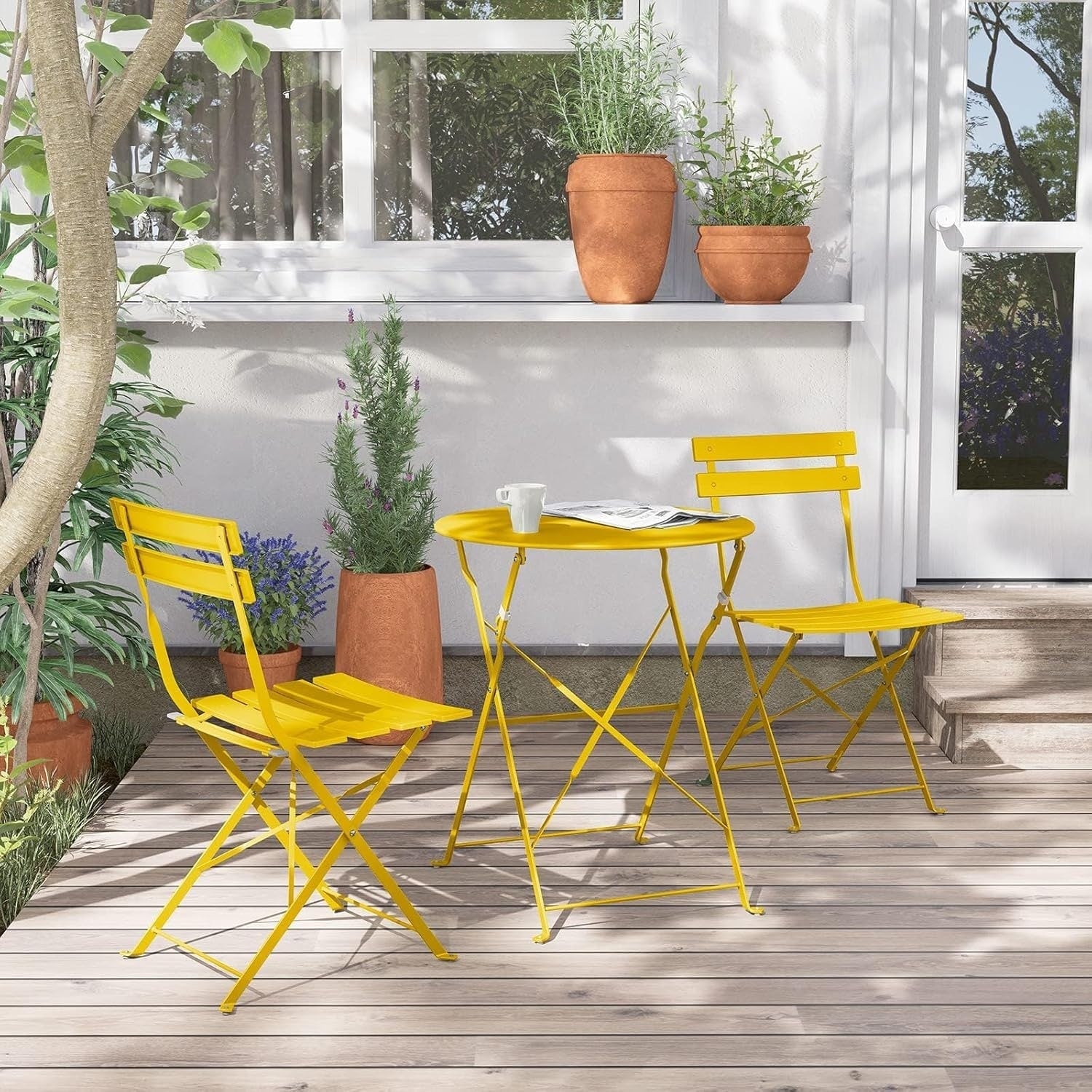 3pc Metal Folding Bistro Set, Weather-Resistant Outdoor/Indoor Conversation Set for Patio, Yard, Garden