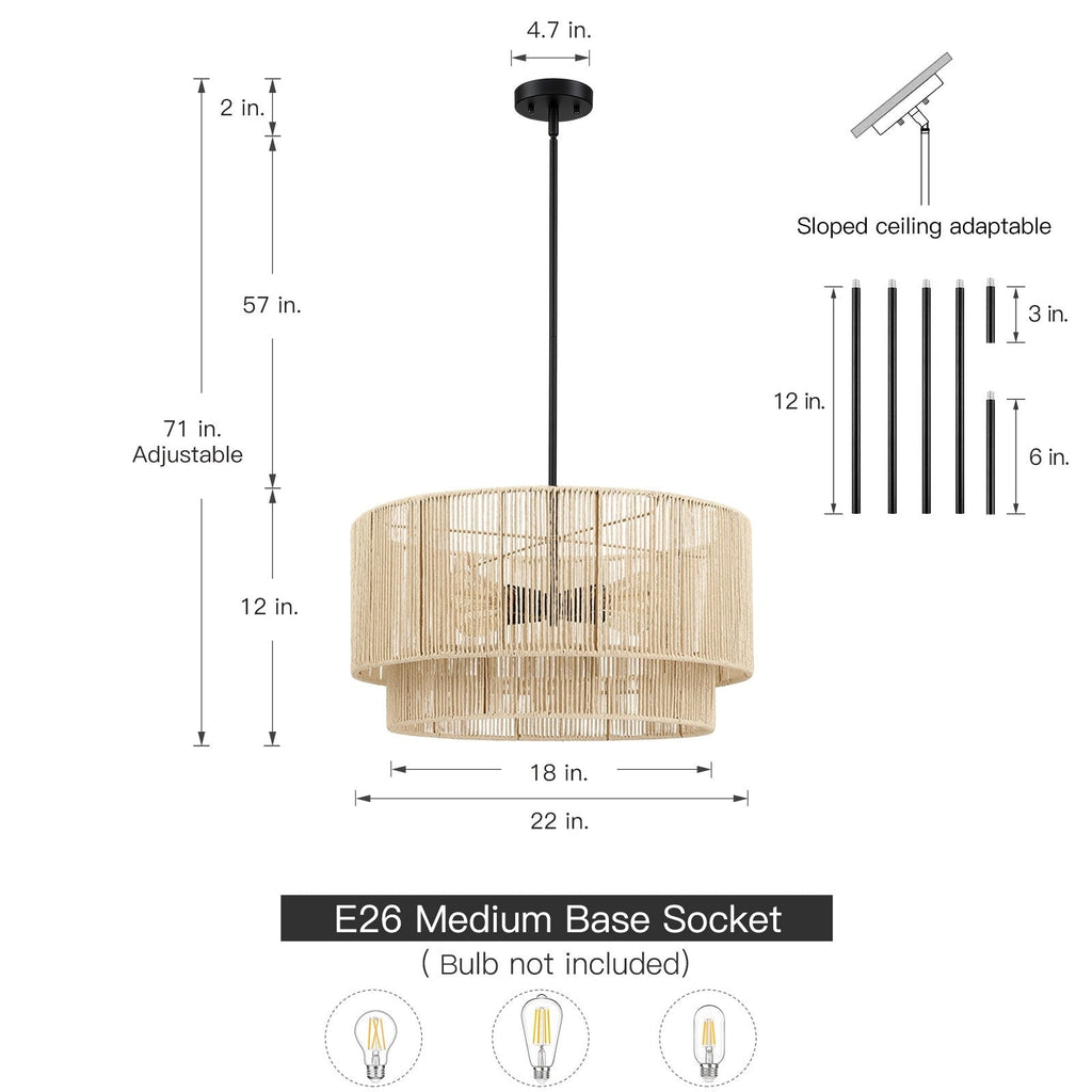 4-Light Rattan Tiered Drum Chandelier Light with Black Canopy - 22'' W