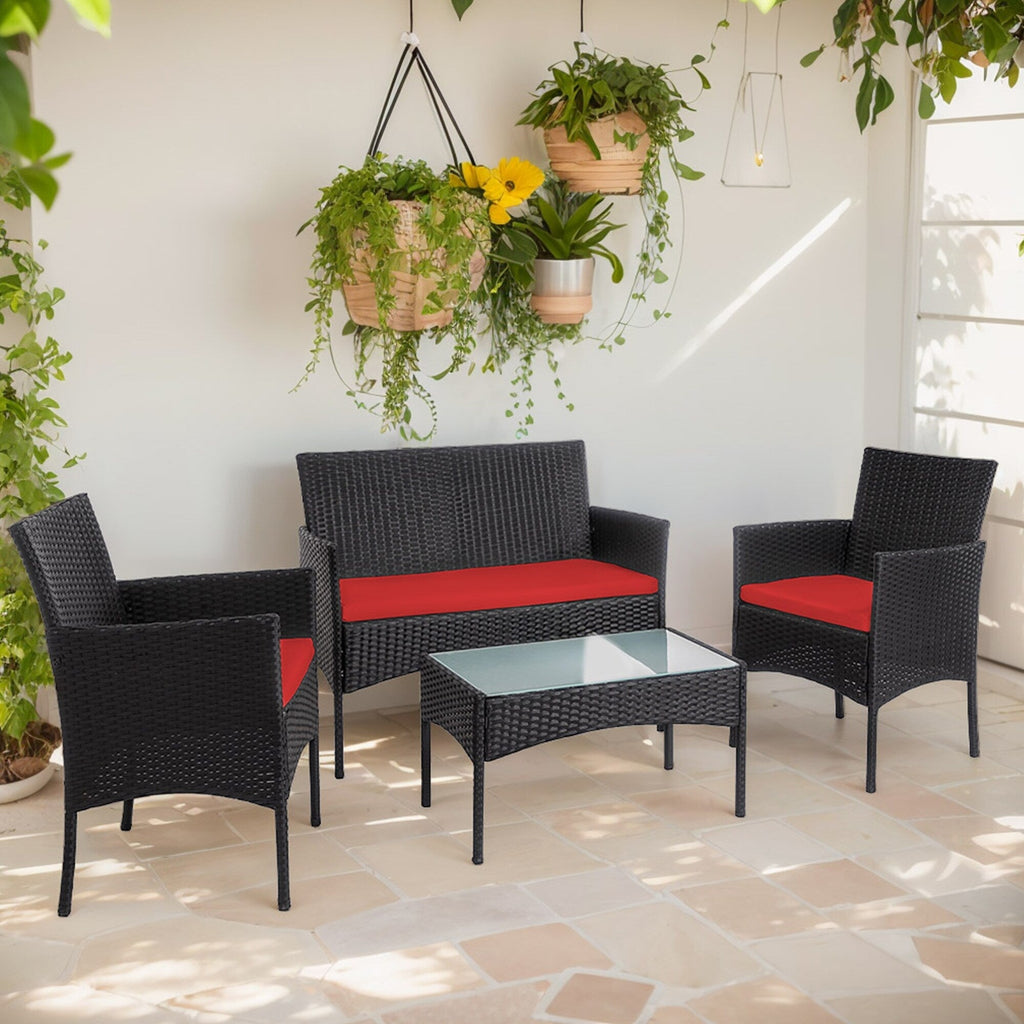 4 Piece Patio Conversation Wicker Furniture Set, Outdoor Rattan Sectional Furniture Set With Cushions