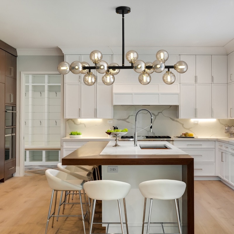 40 in. Linear Mid Century Modern Chandelier 16-Light Gold Brass Sputnik Pendant Light with Frosted Glass Globe for Dining Room