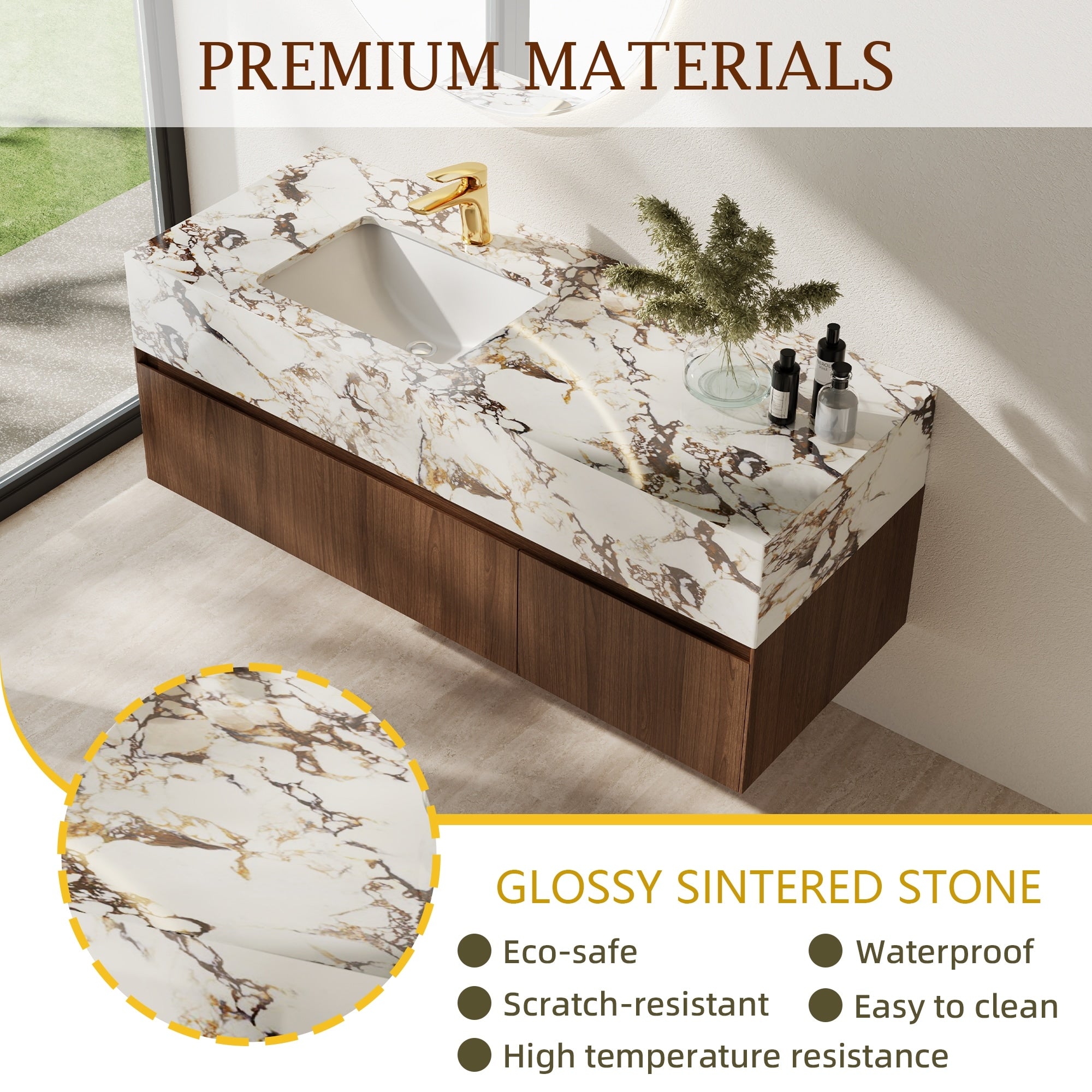 48'' Modern Single Bathroom Vanities, With Glossy Faux Marble Top, Solid Wood