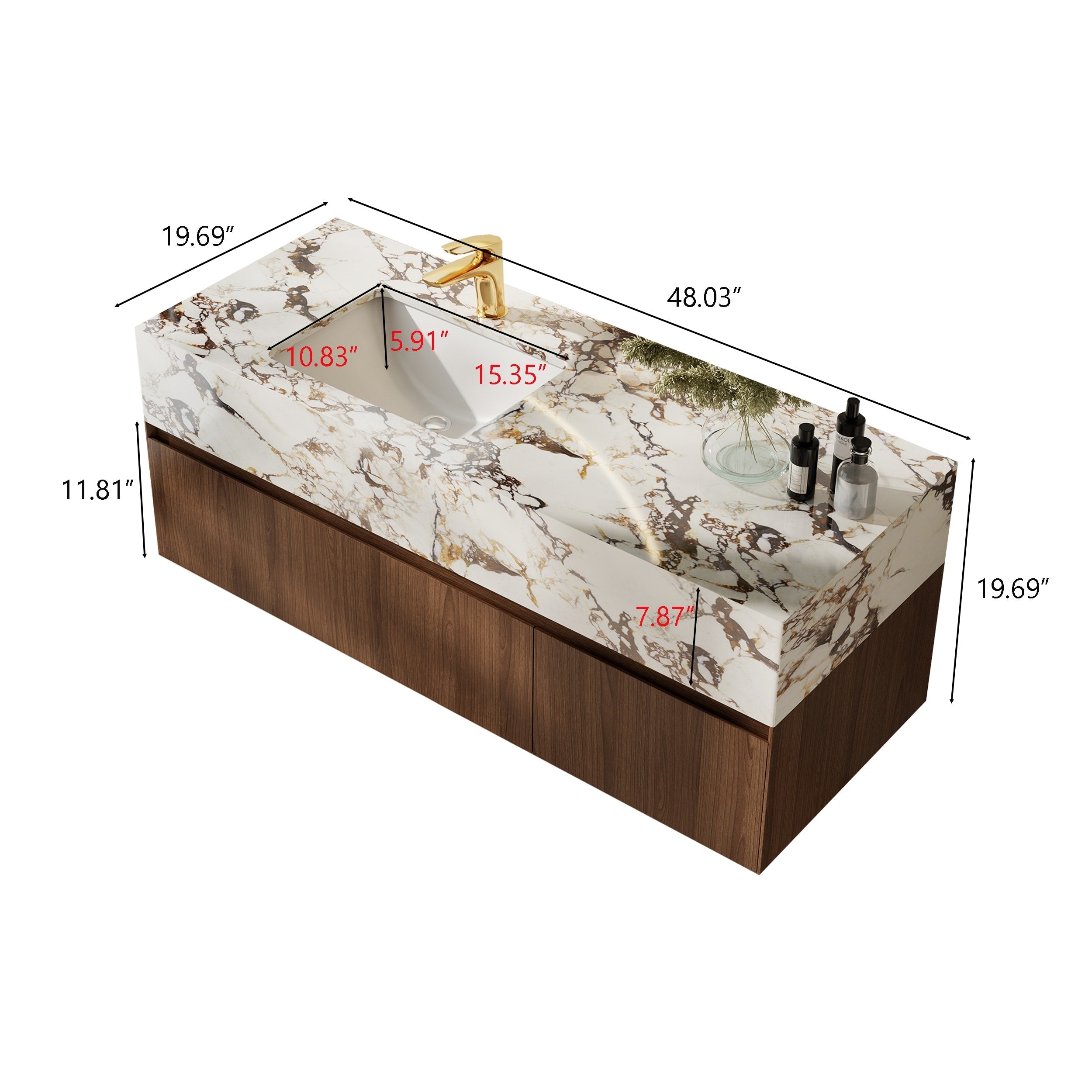 48'' Modern Single Bathroom Vanities, With Glossy Faux Marble Top, Solid Wood